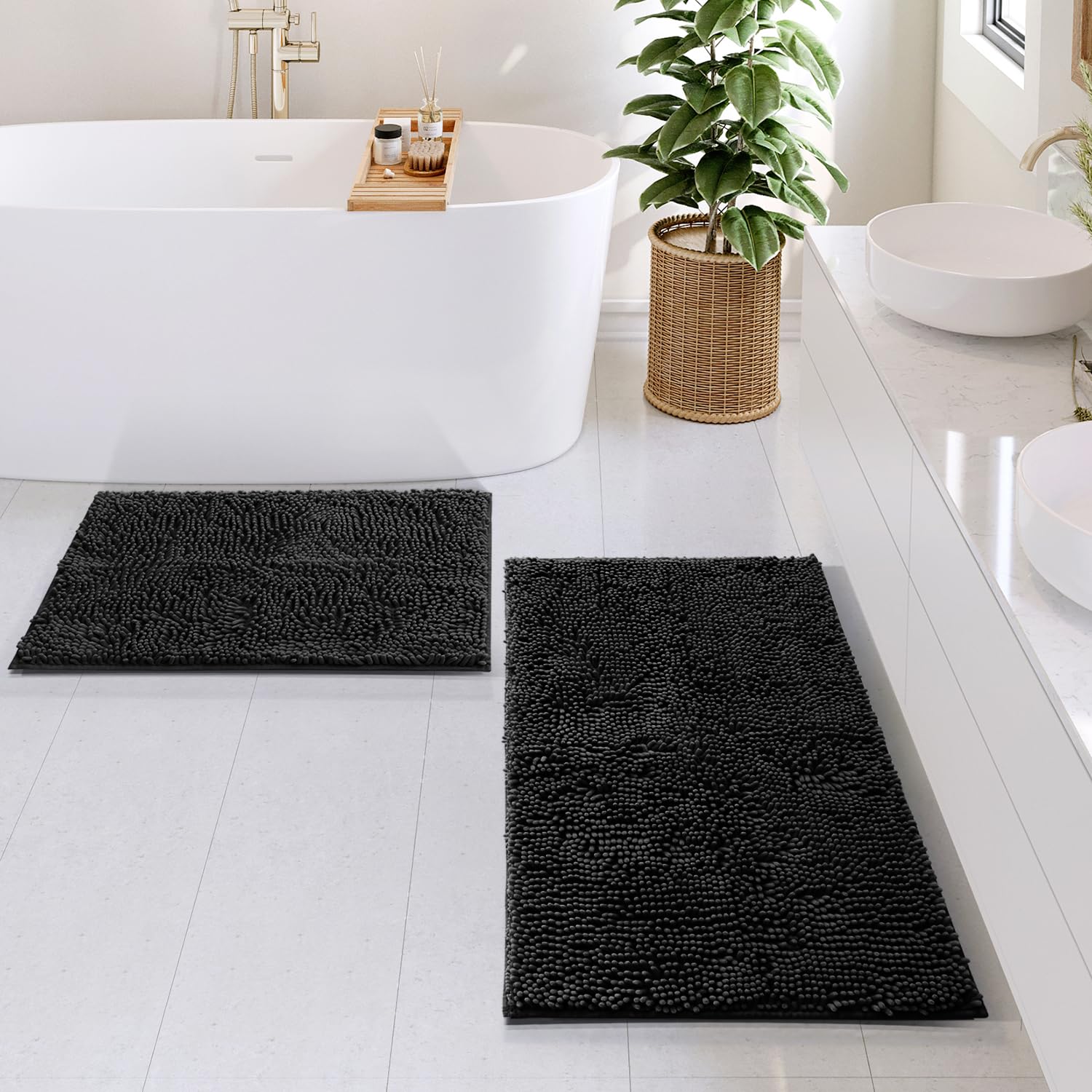 Hearth & Harbor Bathroom Rugs Sets 2 Piece, Chenille Bath Mat Set - Machine Washable Bath Mats for Bathroom Non-Slip Backing Rubber Quick Dry Bathroom Mat - Black Bath Rug, 17x24-20x32