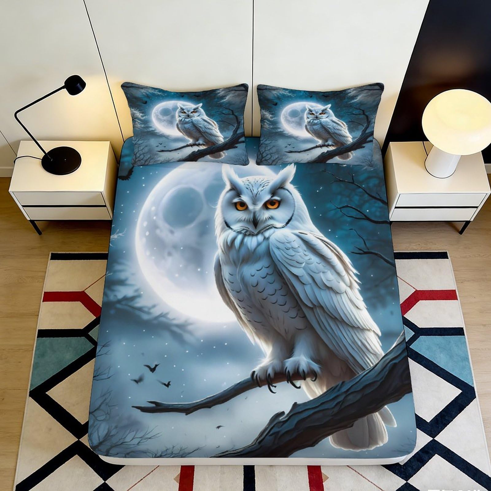 Pnayamiorkfel Style-3 3D Printed Moonlit Owl Fitted Sheet Microfiber Soft Slip-Resistant Night Forest Bed Cover For Bedroom Guestroom Decor 90X200x25cm