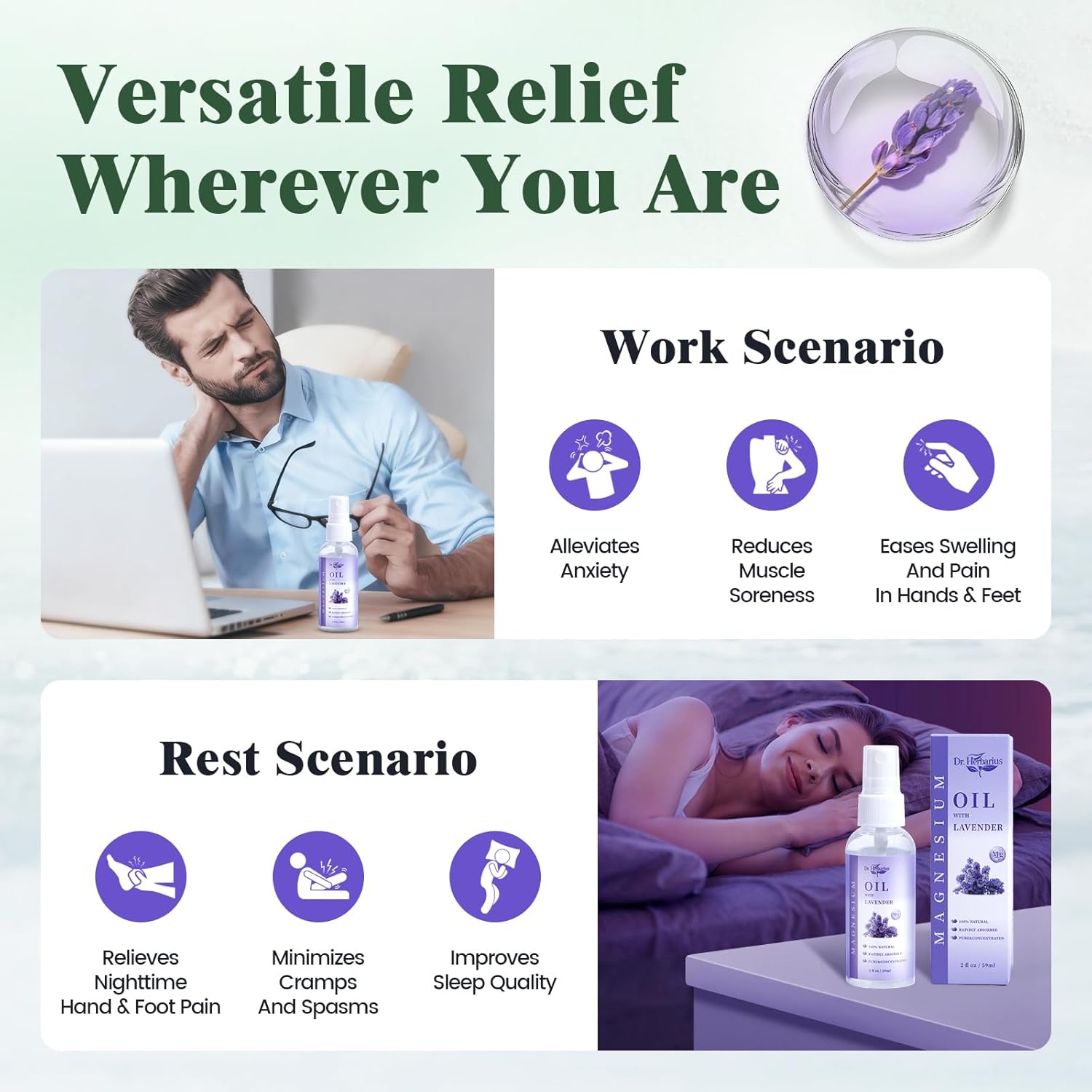 Pure Magnesium Oil Spray—Topical Magnesium Spray for Feet Relax and Better Sleep with Pure Dead Sea Magnesium & Lavender Oil, Nighttime Calm, Daily Muscle Soreness & Cramps Relief, Lavender, 5 FL OZ.