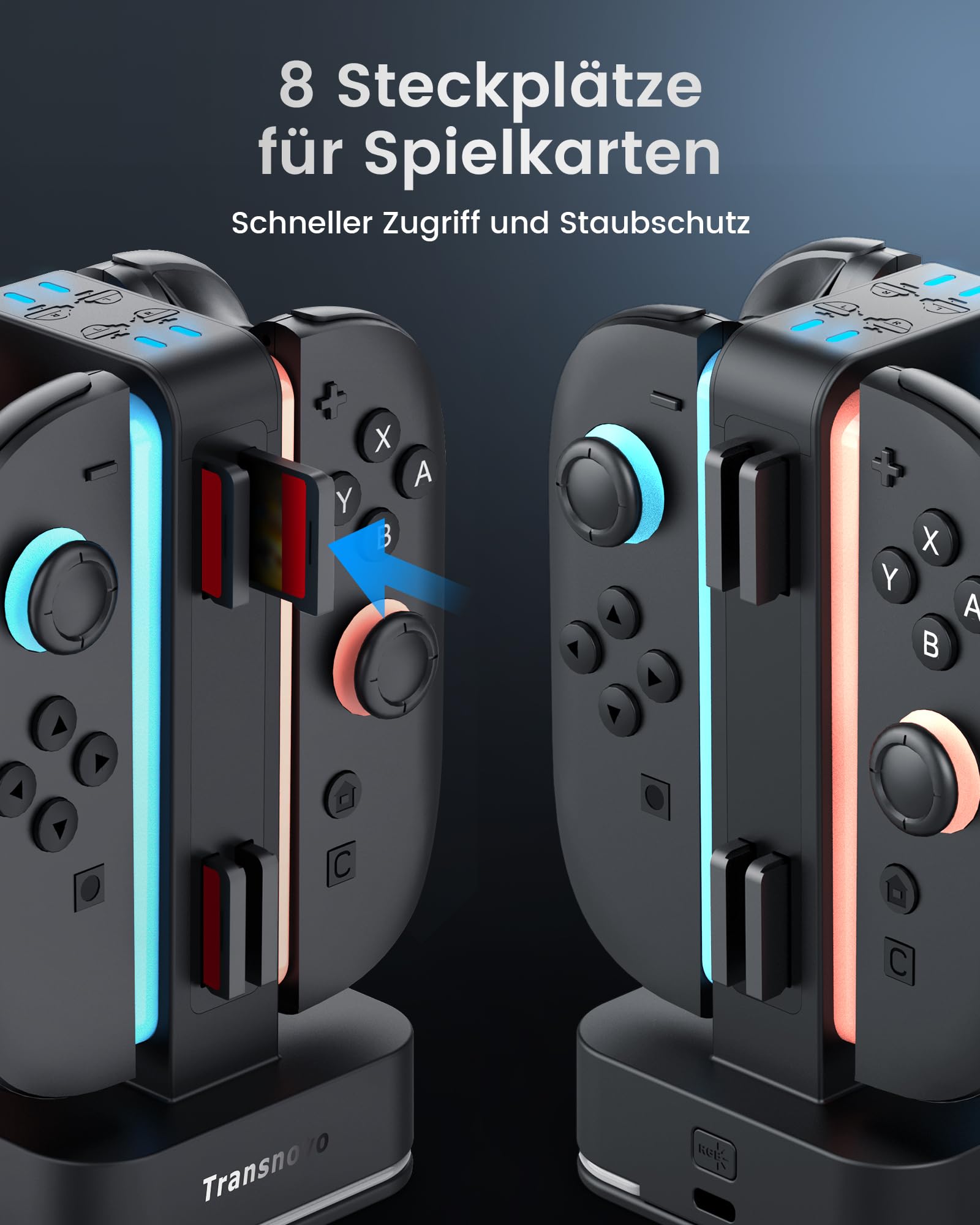 TRANSNOVO Ladestation für Nintendo Switch 2, 4-Fach Controller Ladestation mit LED-Anzeige, 9 RGB-Beleuchtungsmodi, 8 Spielkarten-SpeicherpläTZE & Gleichzeitiges Laden von 1–4 Joy-Cons
