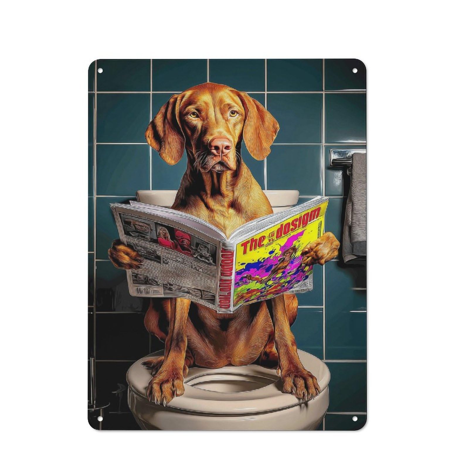 Junmoney Dog Reading Magazine On Toilet-3 Tin Wall Plaque 40X30cm With For Garage Wall, With Clear Vintage Wall Decor Character