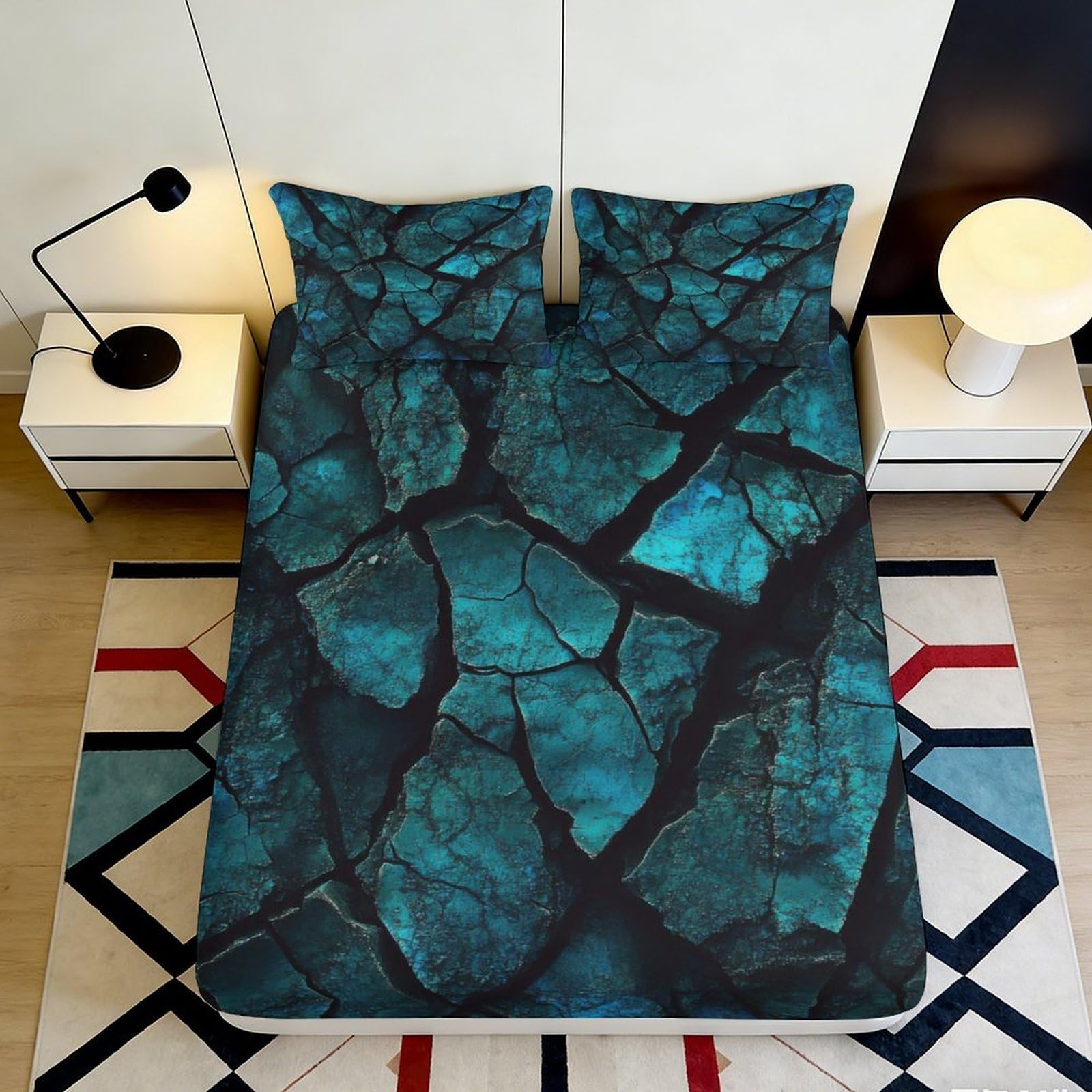 3D Printed Cracked Stone Pattern Fitted Sheet Microfiber Soft Mattress Cover for Bedroom Dorm Blue Decor 90x200x25cm
