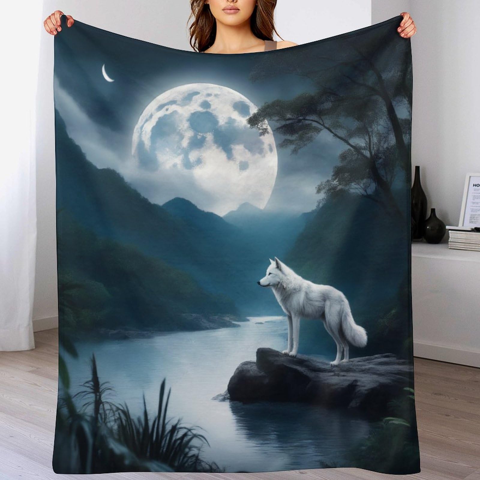 Couverture en flanelle plaid doux Loup Polaire 100x130 pour lit et sofa
