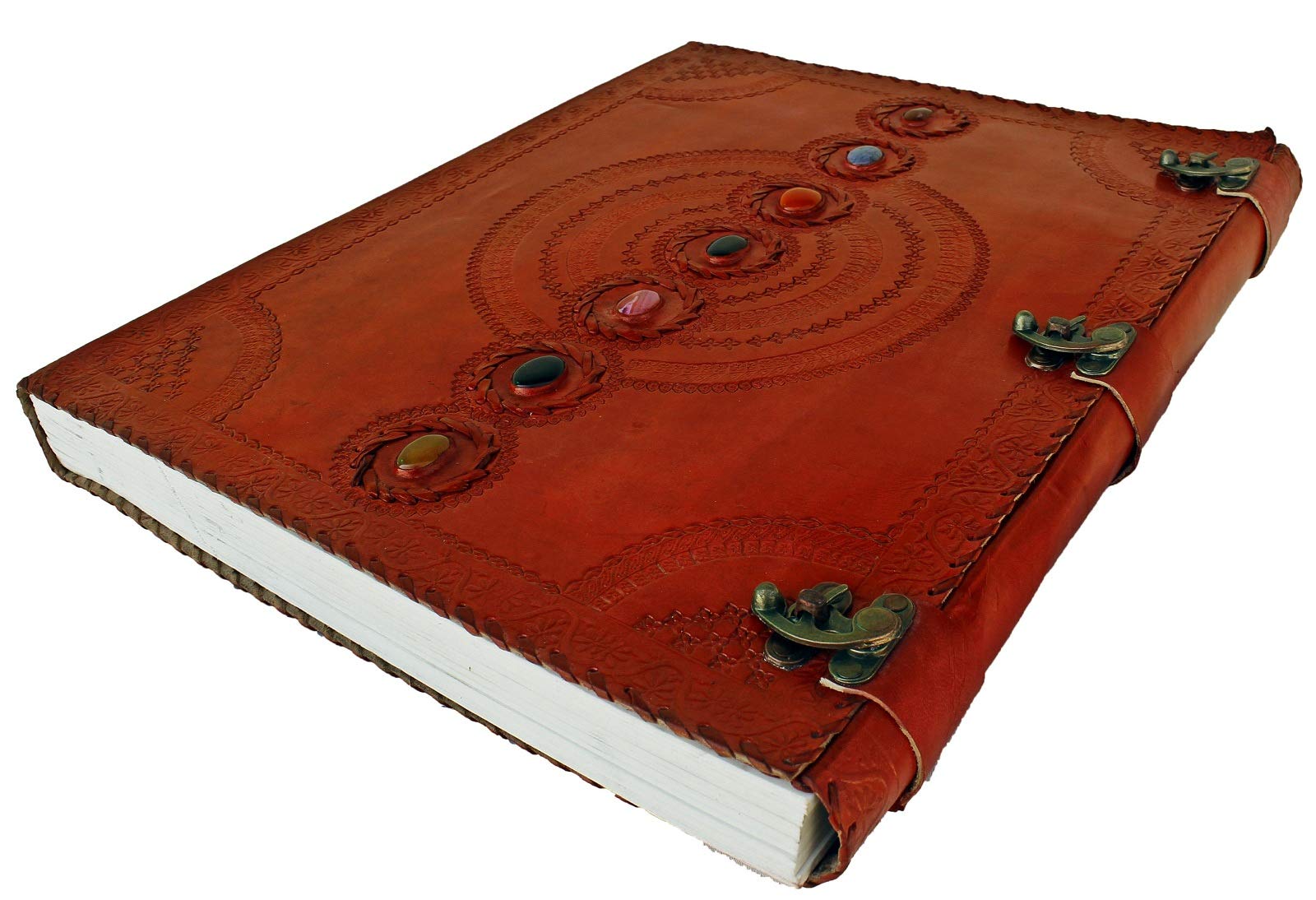 AOL Seven Chakra Medieval Stone Embossed Handmade Jumbo Leather Journal Book of Shadows Notebook Off