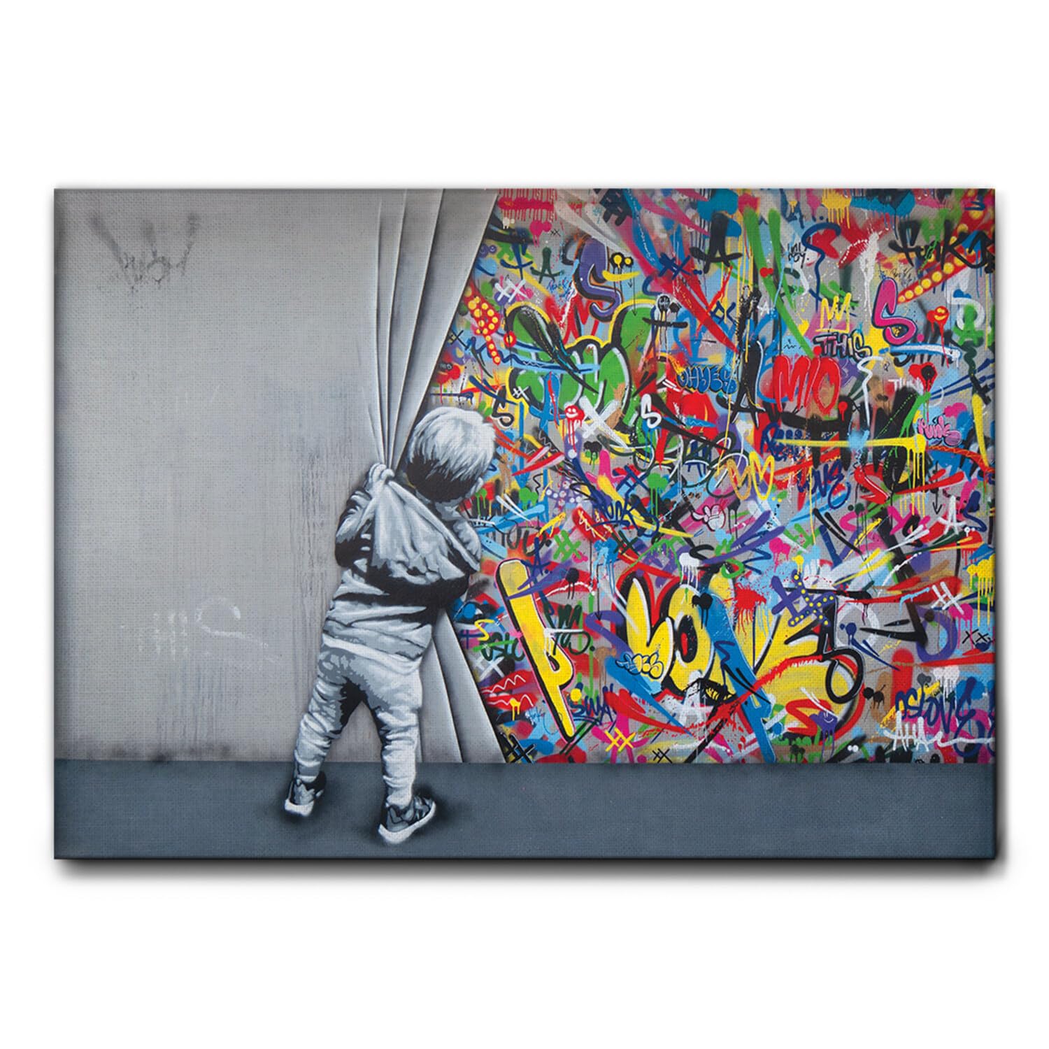 Giallobus - Quadro - Banksy - Bambino apre il sipario - Tela Canvas Telaio Standard - 140x100 - Pronto da appendere - Quadri moderni per la casa