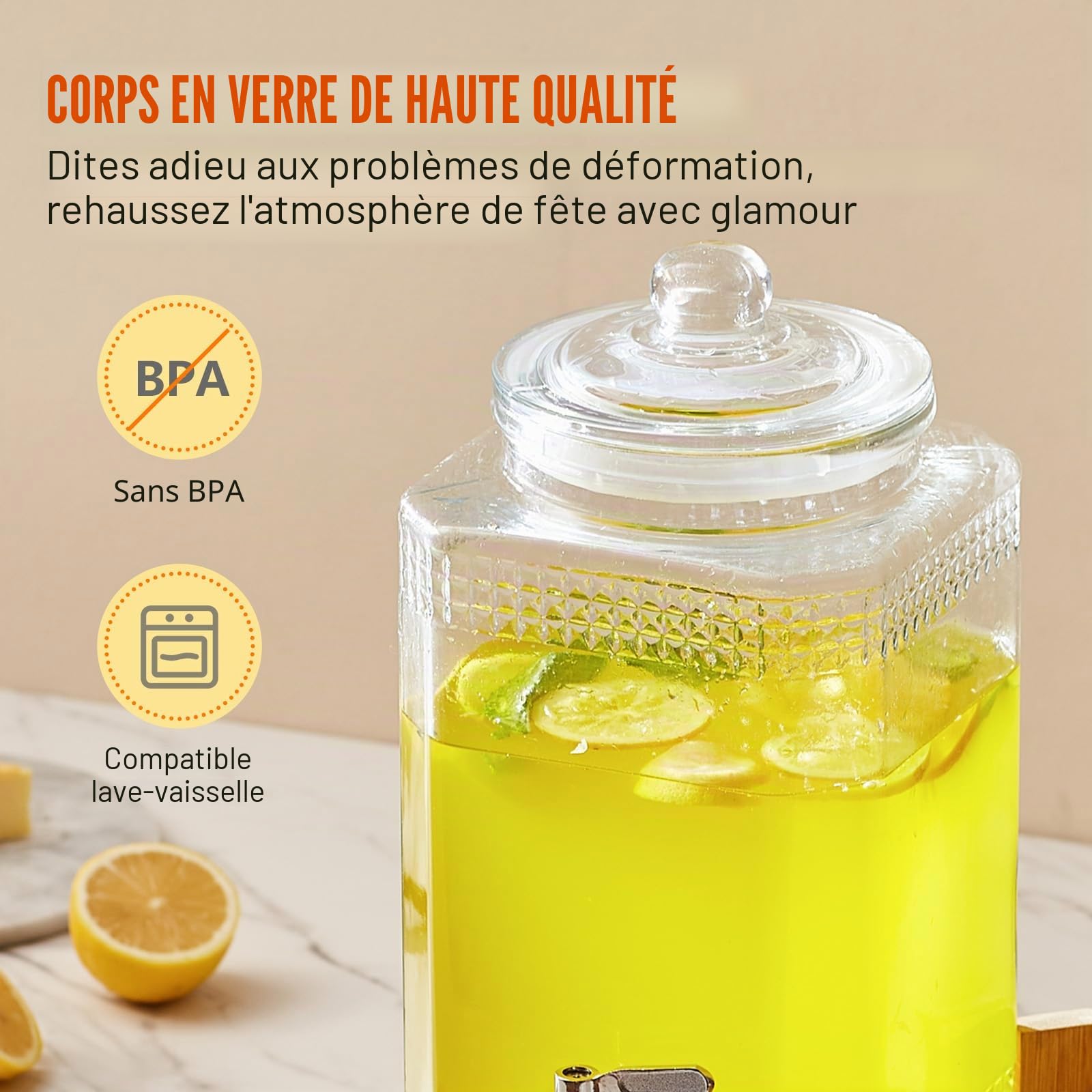 VEVOR Distributeur de Boissons de 5,5 L, Fontaine à Eau en Verre Alimentaire avec Support, Robinet en Acier Inoxydable, Distribution de Jus Limonade Thé Glacé, pour Restaurants, Hôtels, Cafés, Soirées