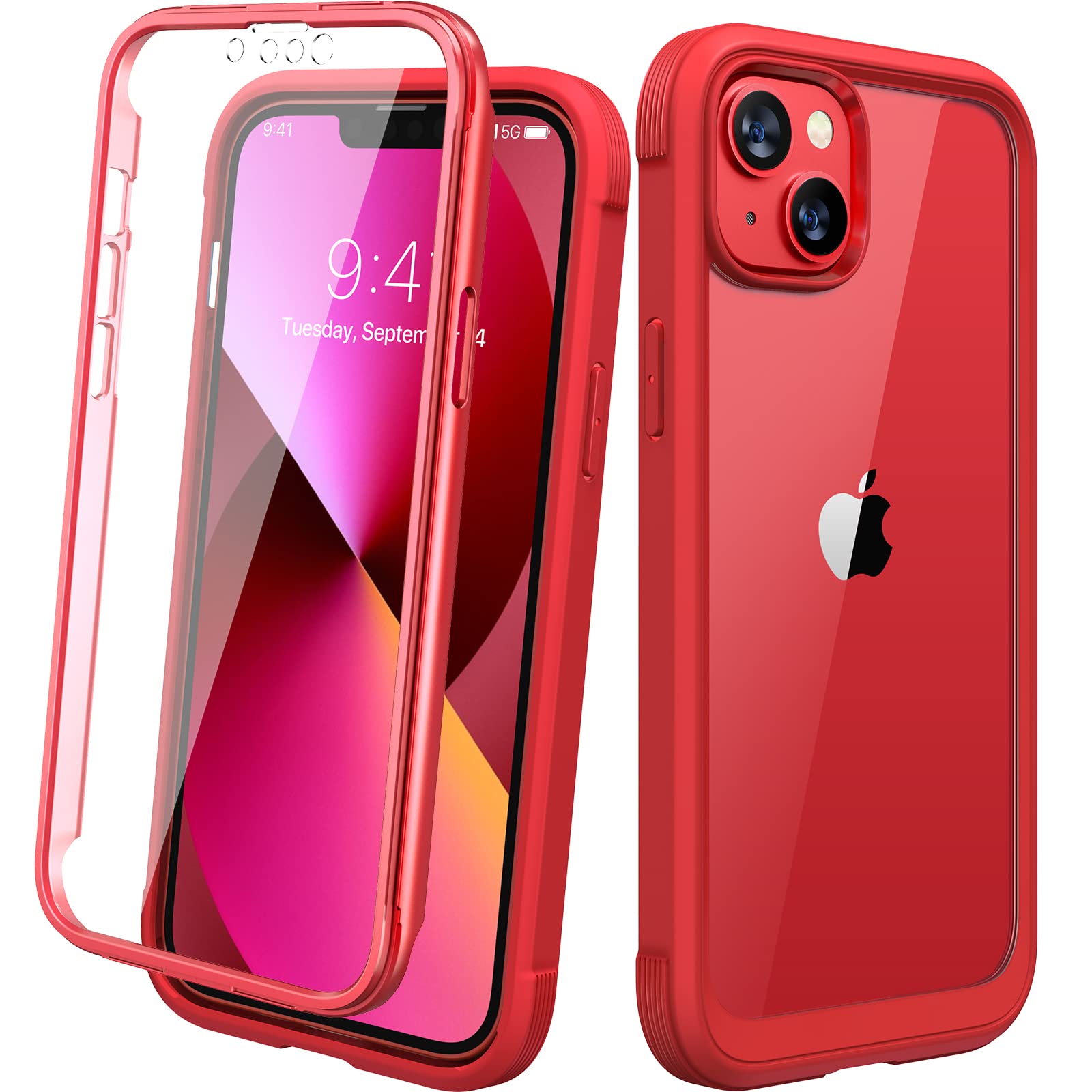 Diaclara Designed for iPhone 13 Case, Full Body Rugged Protection with Built-in Touch Sensitive Screen Protector, Soft TPU Bumper Case for iPhone 13 6.1" (Red and Clear)
