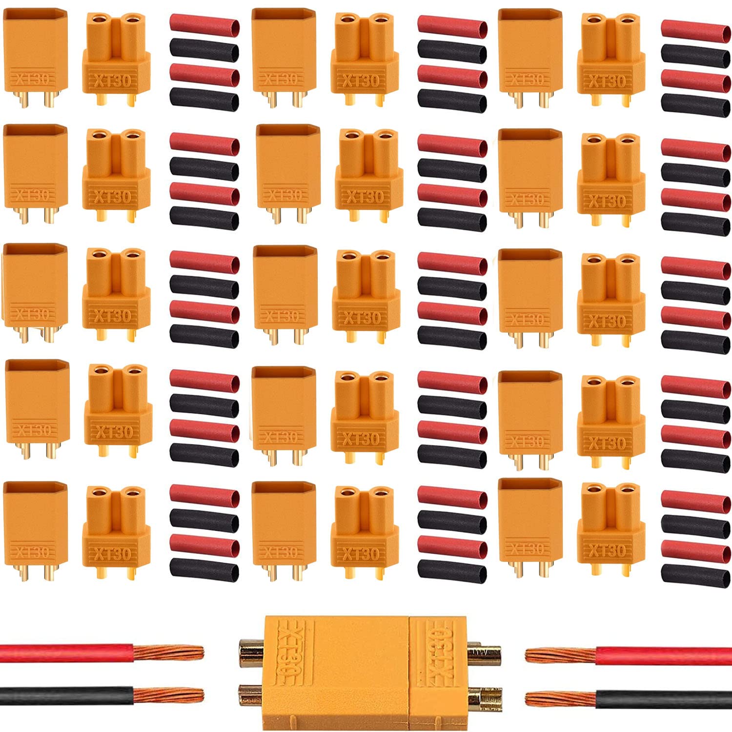VISSQH 32Pcs(16 Pairs) XT30 Male Female Connectors,XT30 Plug XT30 Connectors,with Heat Shrink Tube