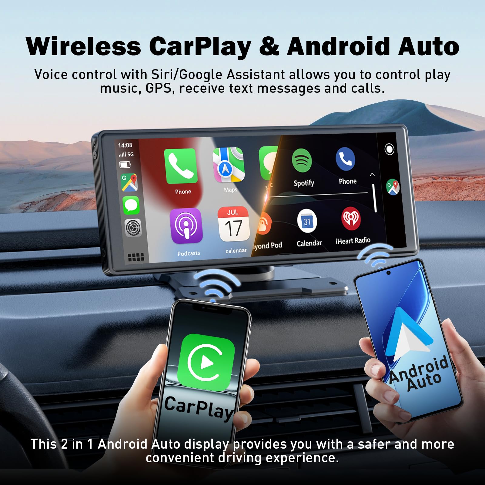 10.26'' Pulgadas Pantalla Carplay Coche, Pantalla de Coche con CarPlay y Android Auto Inalámbricos, Cámara Trasera HD 1080P, Bluetooth, Mirror Link, Navegación GPS, FM, AUX