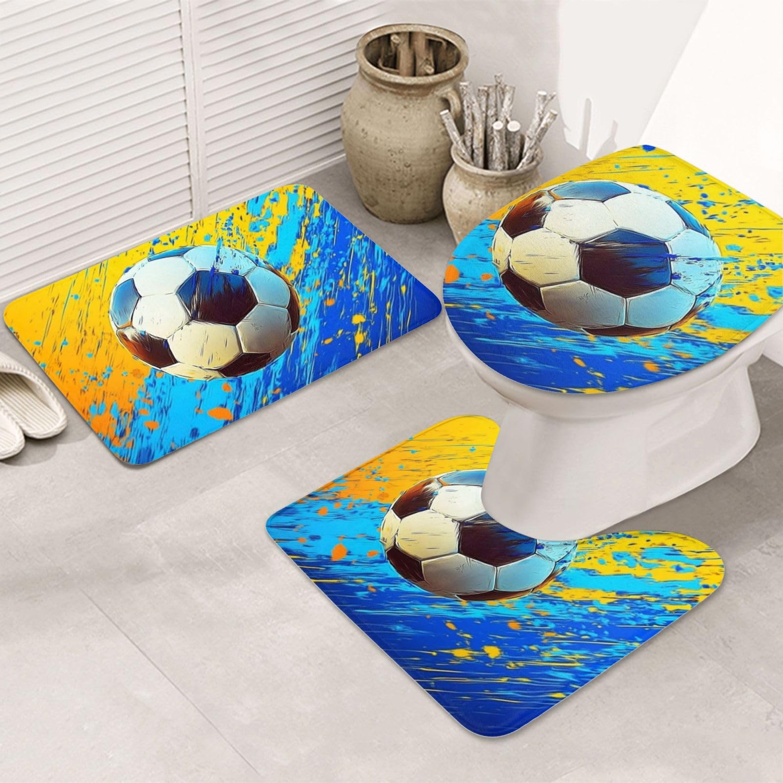 Lot de 3 tapis de salle de bain en mousse à mémoire de forme, doux et absorbants, tapis de toilette en forme de U, décoration d'intérieur, séchage rapide, bleu et jaune