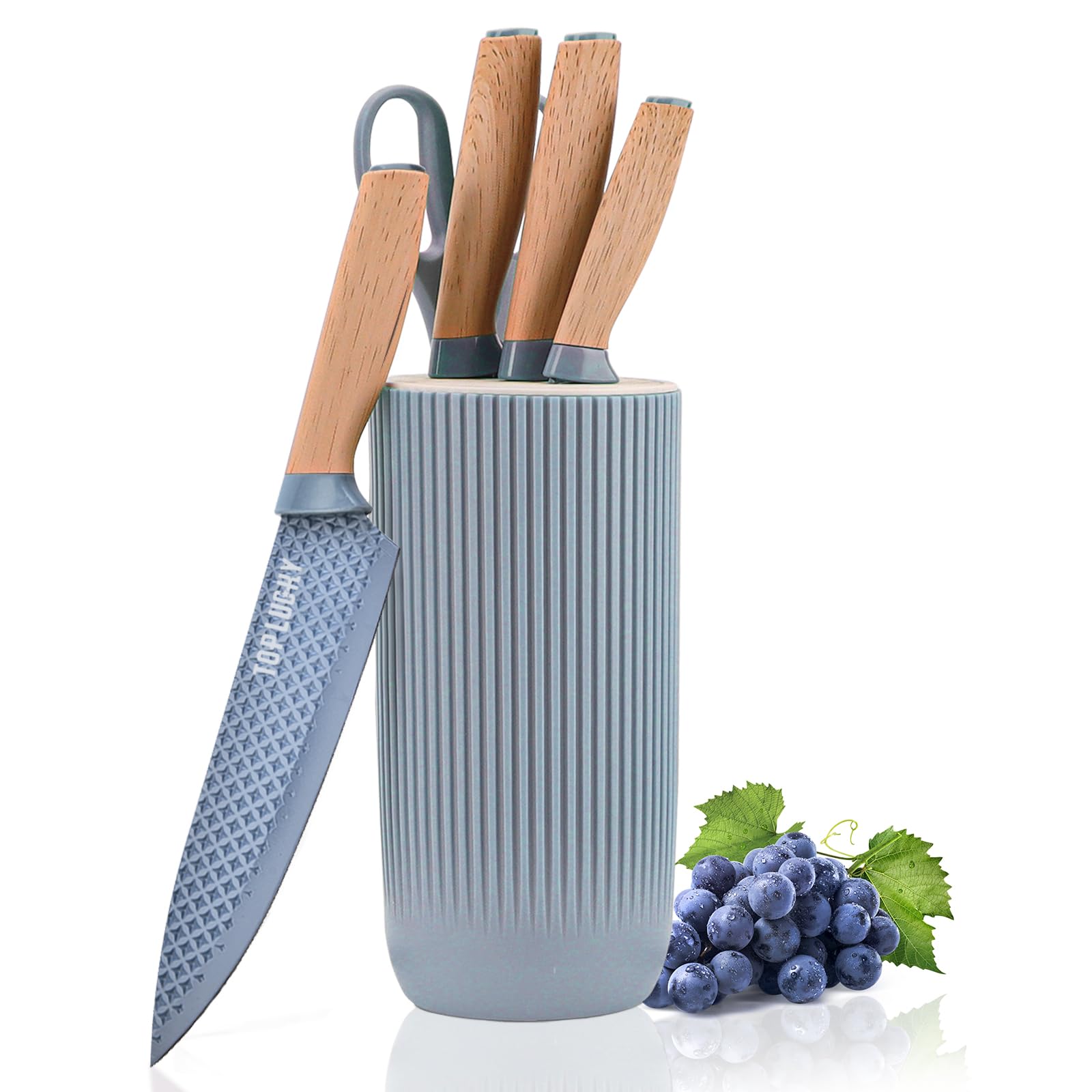 Kitchen Knife Set, Retrosohoo 6-Pieces Blue Sharp Knife Set for Kitchen, Non-stick Non-slip Stainless Steel Chef Knife Set with Universal Knife Block Suitable for Home Restaurant (Dusty Blue)