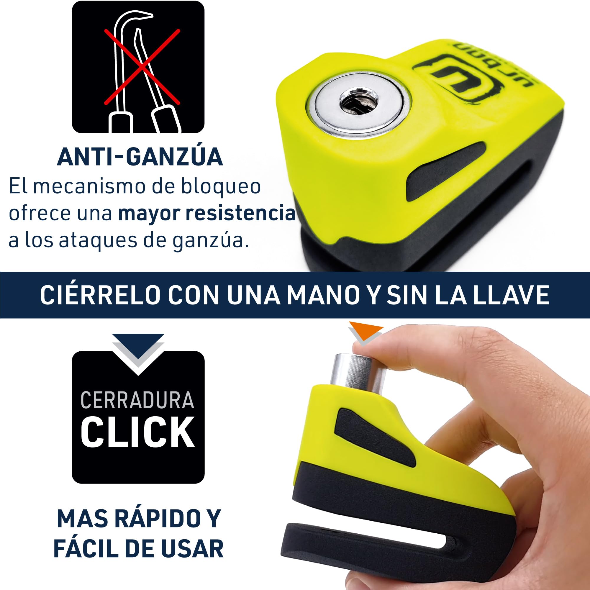 URBAN UR955Y Candado Moto Disco Universal, Seguridad Compacta y Eficaz, Más Visible Más Disuasorio, Rápido Bloqueo Click, Antirrobo Bloqueo Pinza Disco Freno Moto, Bicicleta, Patinete Electrico