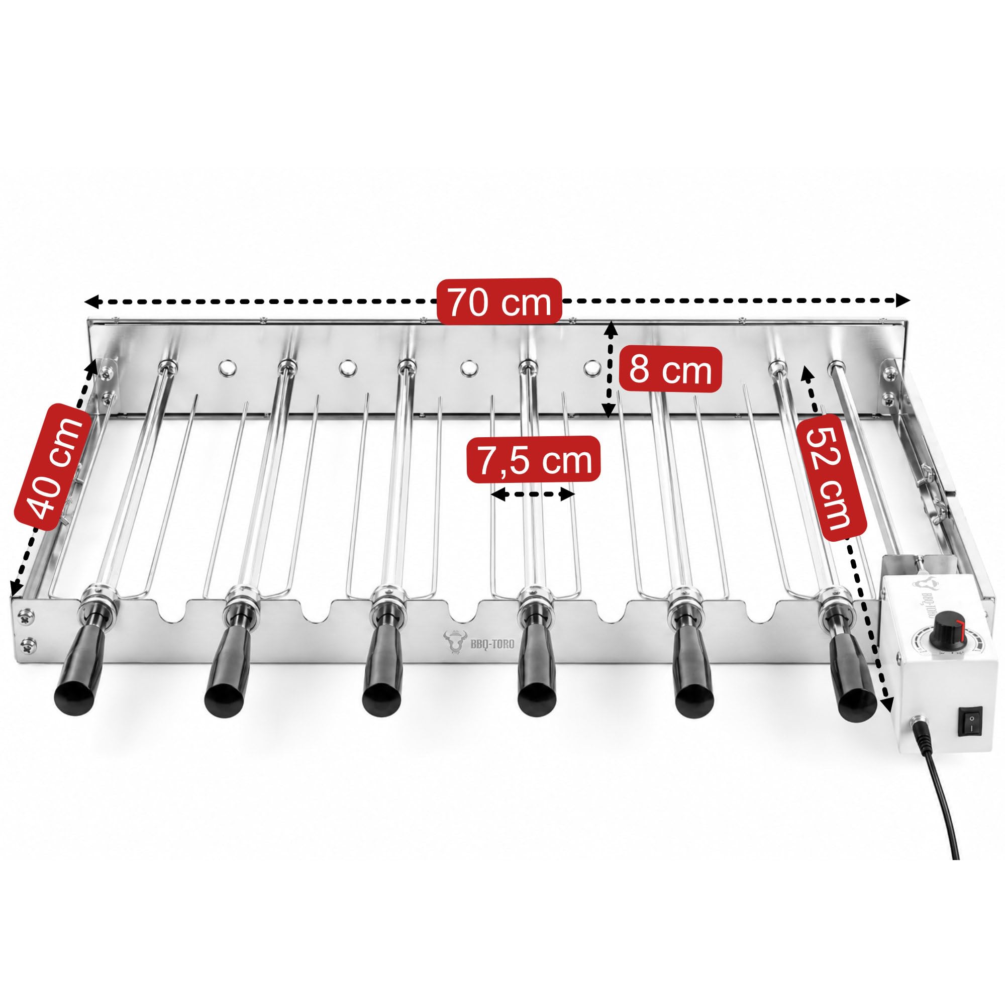 BBQ-Toro Girarrosto elettrico in acciaio inox, con 6 spiedini e motore, misura regolabile (larghezza x profondità) 70 x 26-40 cm, con spina di alimentazione e USB, per barbecue Mangal