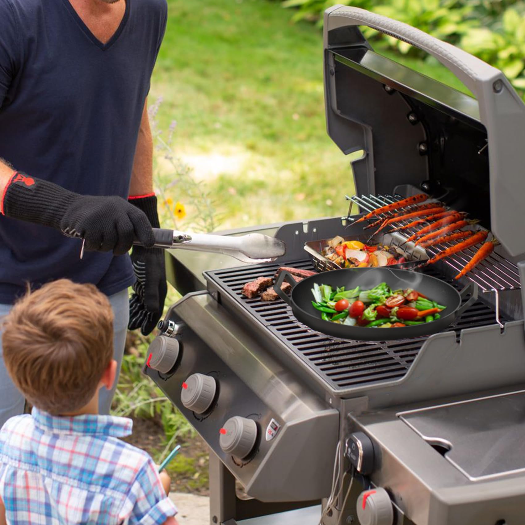 Skyflame Wok de hierro fundido de 14 pulgadas con asas, compatible con el sistema de barbacoa Weber Gourmet y el sistema Spirit II y Genesis II GS4, sartén antiadherente pre-sazonada para parrilla,