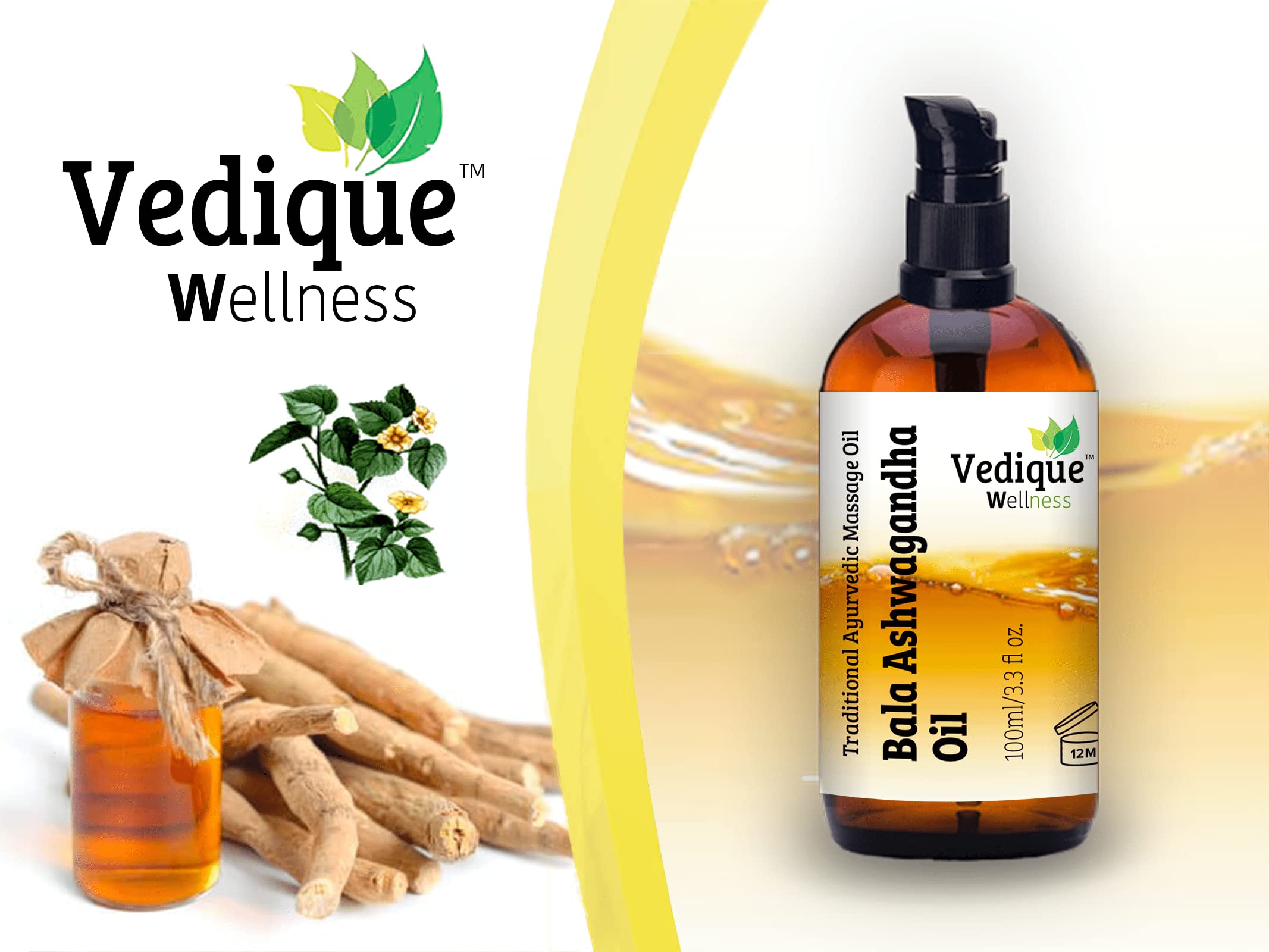 VEDIQUE Remedies Bala Ashwagandha olejek | 500 ml | ponad 15 leczniczych ziół | ajurwedyjski klasyczny olejek do masażu | rewitalizujący, energetyzujący i pielęgnujący | całkowicie naturalny