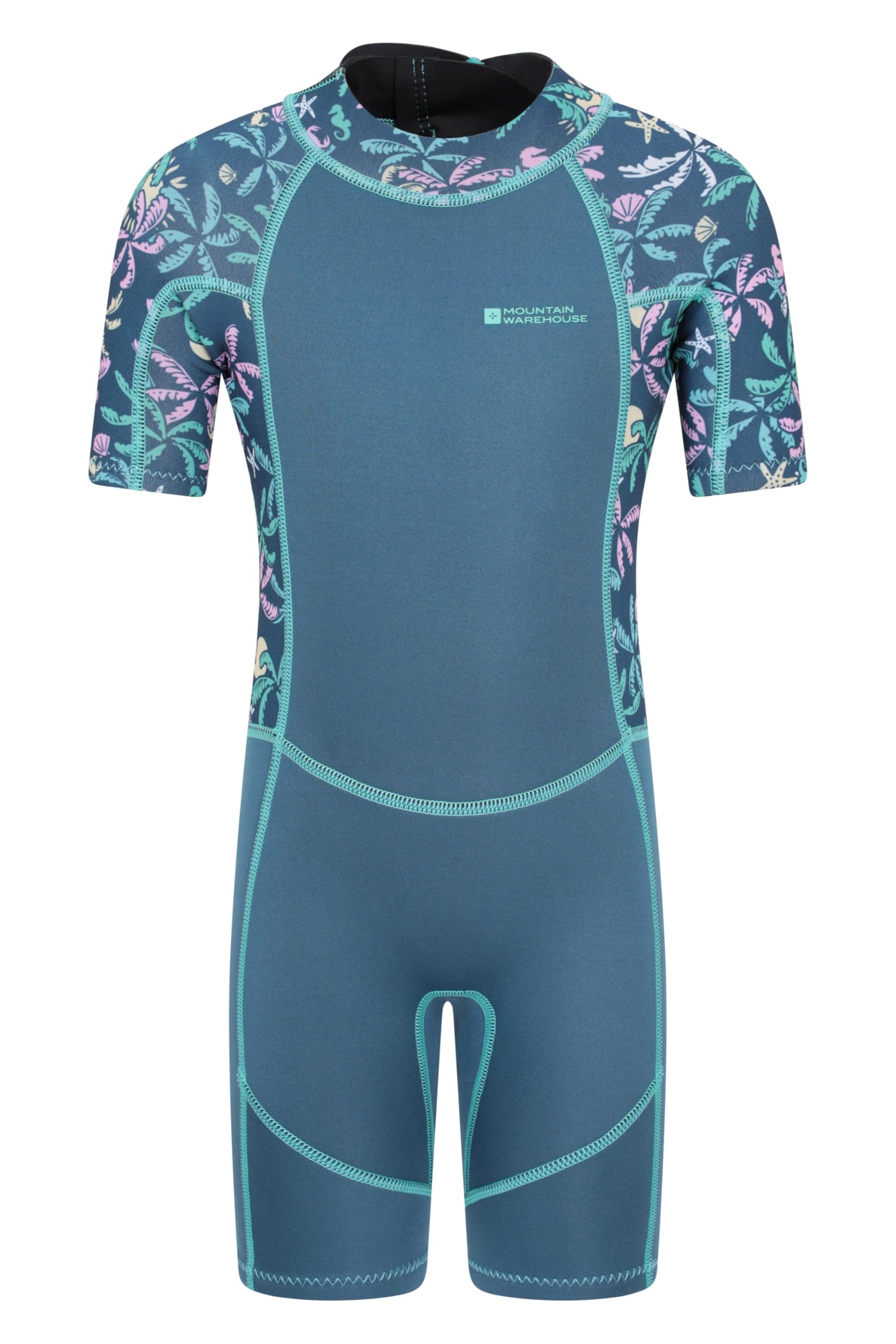 Mountain Warehouse Shorty Printed Kids Wetsuit - Neoprene Swimwear with Flat Seams & Contour Fit for Boys & Girls - Spring Summer, Beach, Swimming, Water Sports Dark Teal (01) Kids Size 3-4 Years
