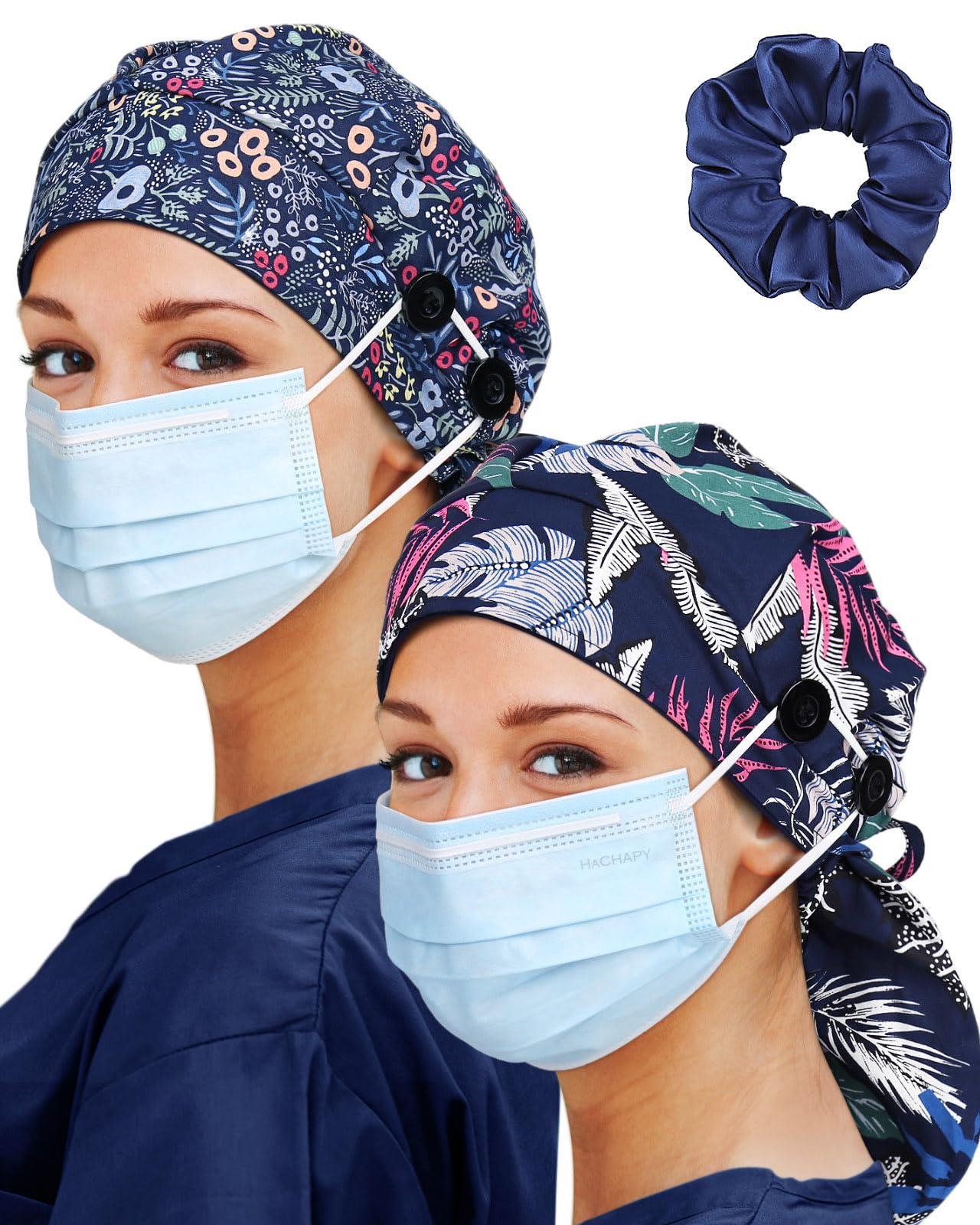 Satin Lined Scrub Cap for Women Extra Large Long Hair Surgical Nurse Cap 4 Buttons
