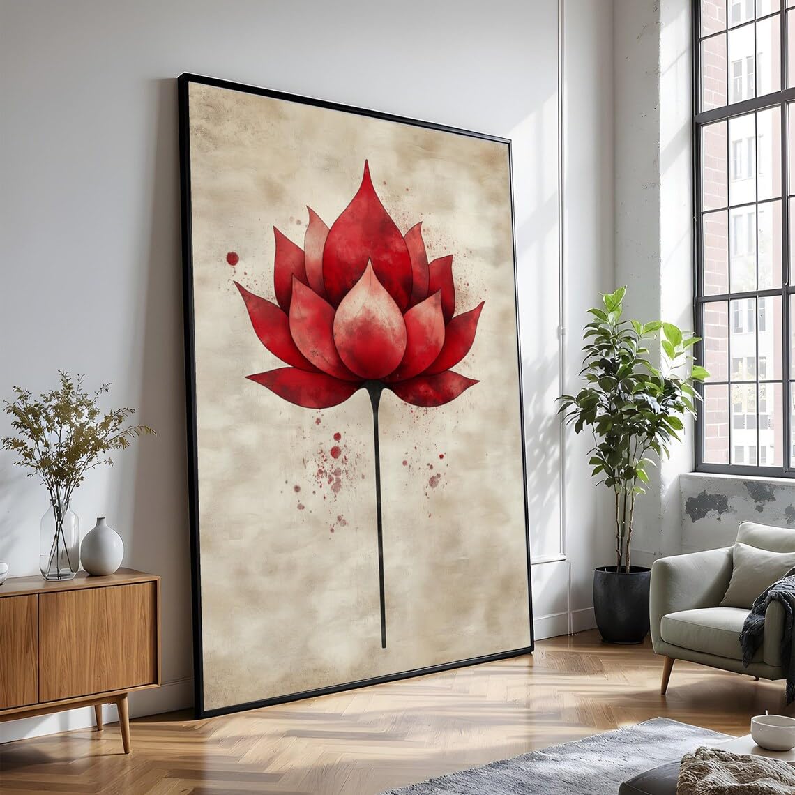 XINBAO Red Lotus Flower Canvas, Abstract Floral Wall Art, Zen Meditation Decor, Botanical Prints, Nature Painting, Home Decor(21x30cm/Frameless)