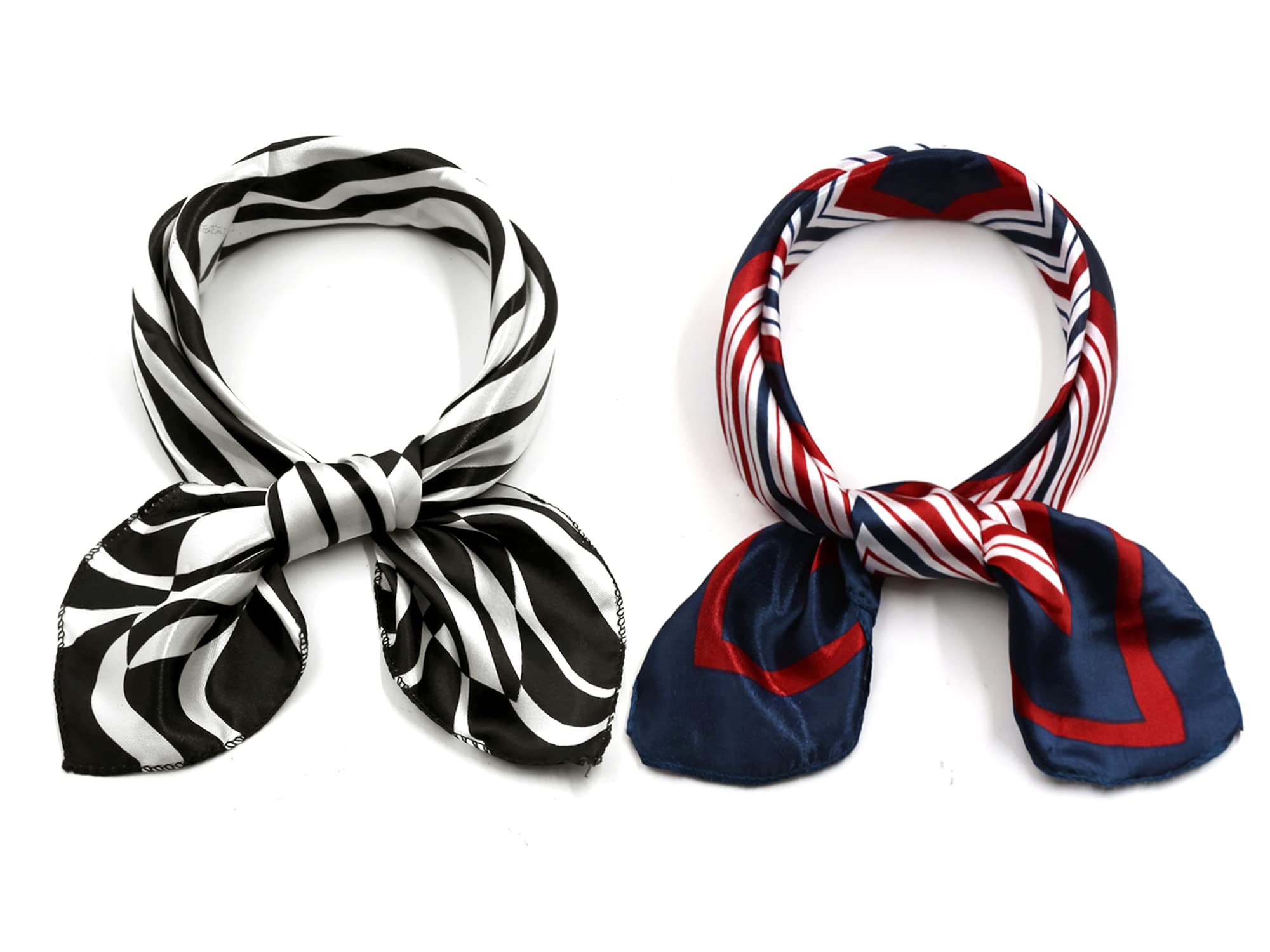 Elerevyo 2Pcs Women's Satin Silky Scarves - 19.6"x19.6" - Square Printed Neckerchief Neck Scarf Black Zebra&Red Blue Geometric 50 * 50cm/19.69 * 19.69"(L*W)
