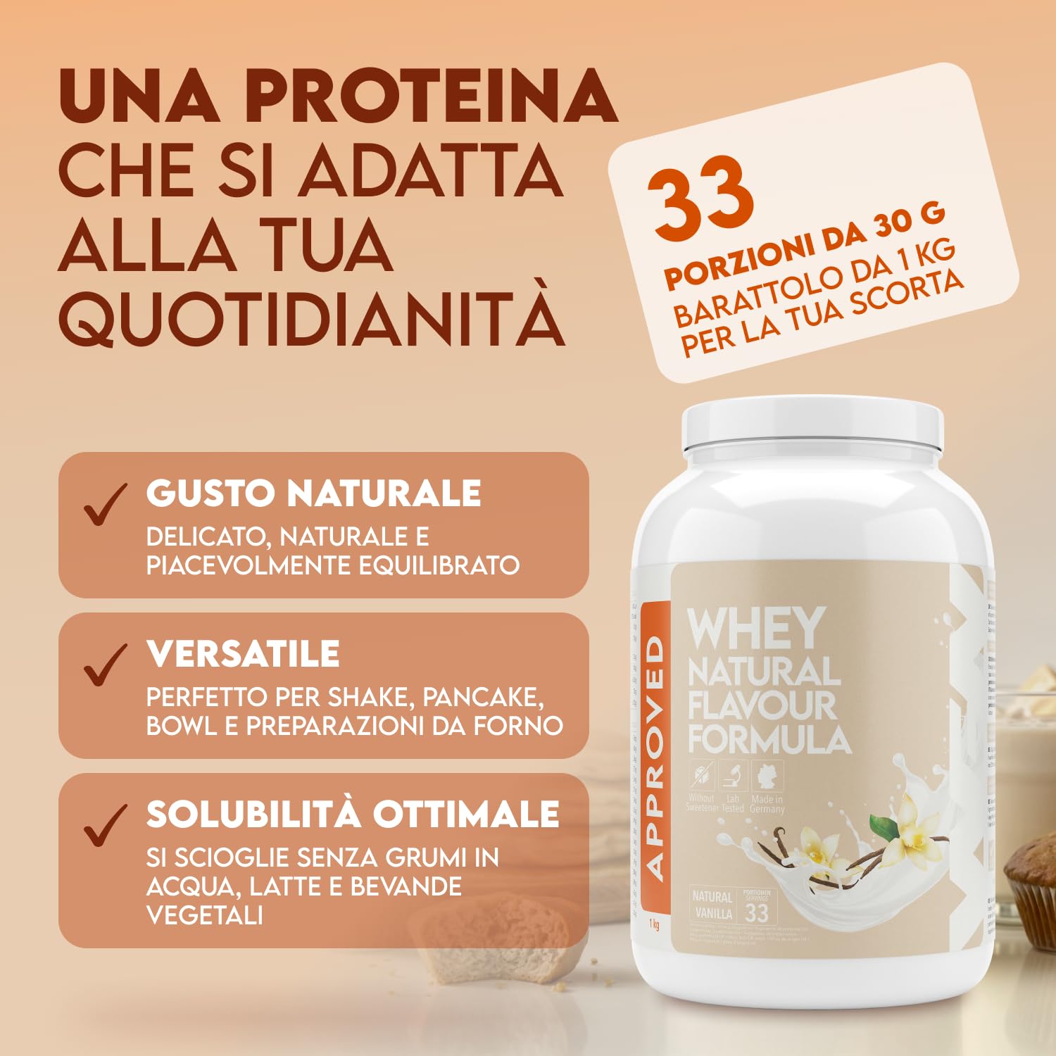 WFN Approved Whey Proteine in Polvere – Natural Vanilla – Senza Edulcoranti e Senza Zuccheri Aggiunti – 1 kg – Con Lattasi – Prodotto e Testato in Laboratorio in Germania