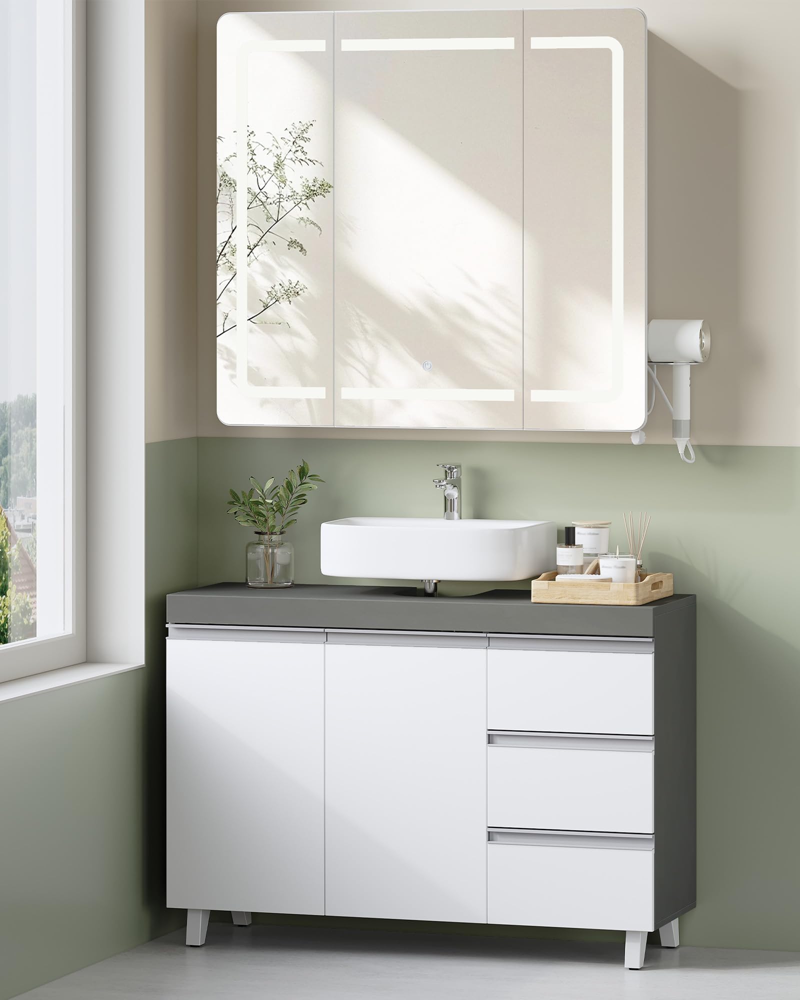 Hzuaneri Mueble Bajo Lavabo, Armario de Baño, 3 Cajones, 2 Puertas, con Pies, 30 x 90 x 64 cm, Estilo Moderno, Blanco y Gris BC29929X