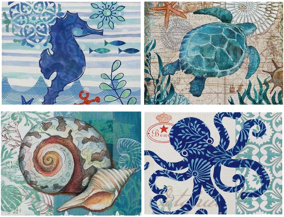 Ocean Animals Placemats Set of 4 Marine Organism Sea Horse Turtle Shell Octopus Table Mats for Dining Table 16.5x12.6 Inches