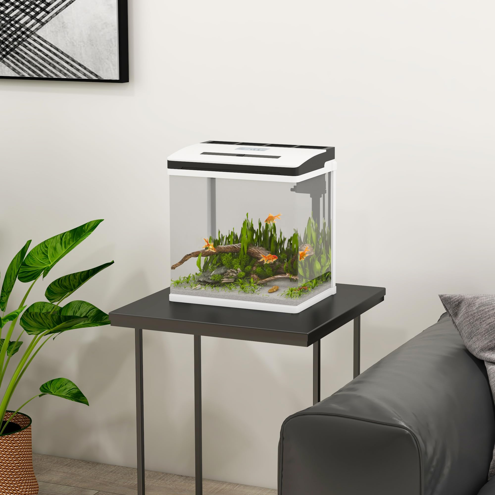 PawHut Acuario de Cristal de 13L Pecera Pequeña con Sistema de Filtro Iluminación LED Bomba de Agua 29x20x30,5 cm Blanco