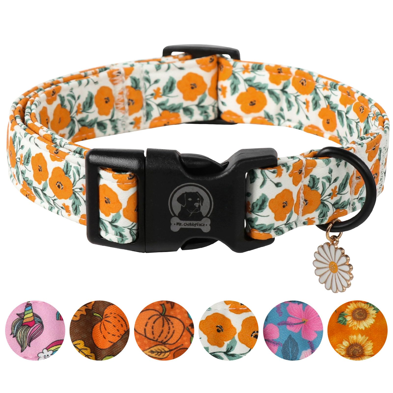MR.CHUBBYFACE Cotton Floral Dog Collar, Red Flower Pattern Puppy Collar with Quick Release Heavy-Duty Buckle, Adjustable Cute Dog Collar for Small