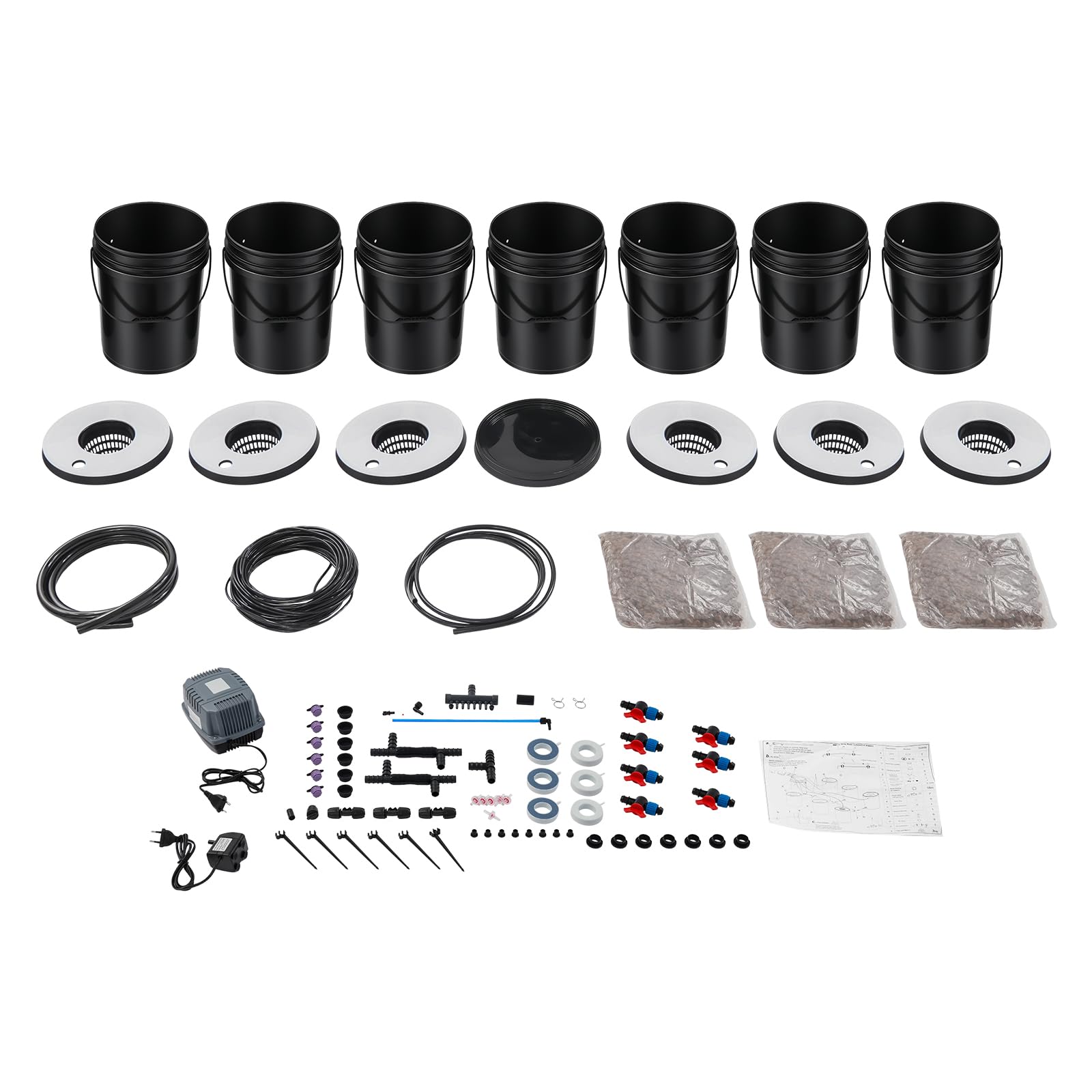 Kit de cultivo hidropónico, 7 cubos, 20 l, sistema de cultivo sin fondo, bomba de aire de 600 l/h, con tapa reflectante granulado de arcilla, mecanismo de goteo, sistema hidropónico, ideal para fresas