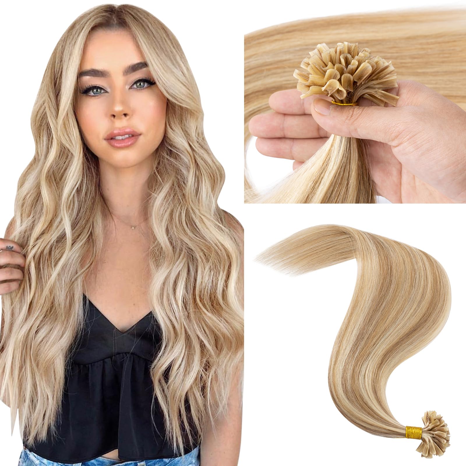 MY-LADY Echthaar Extensions Bondings 60 cm #12P613 Goldbraun&blond, Keratin U-Tip Remy Echthaar Highlight Haarverlängerung, 50 Strähne 1g/s 50g