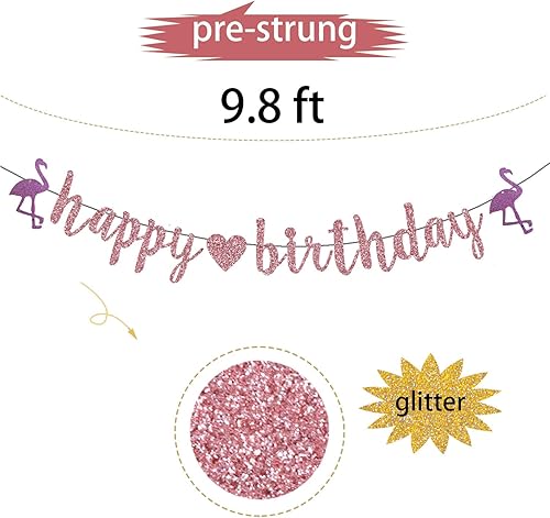 Miniatura 2 de Cartel tropical de feliz cumpleaños de oro rosa, letrero de cumpleaños hawaiano Luau, pancarta temática de piña flamenco para suministros de