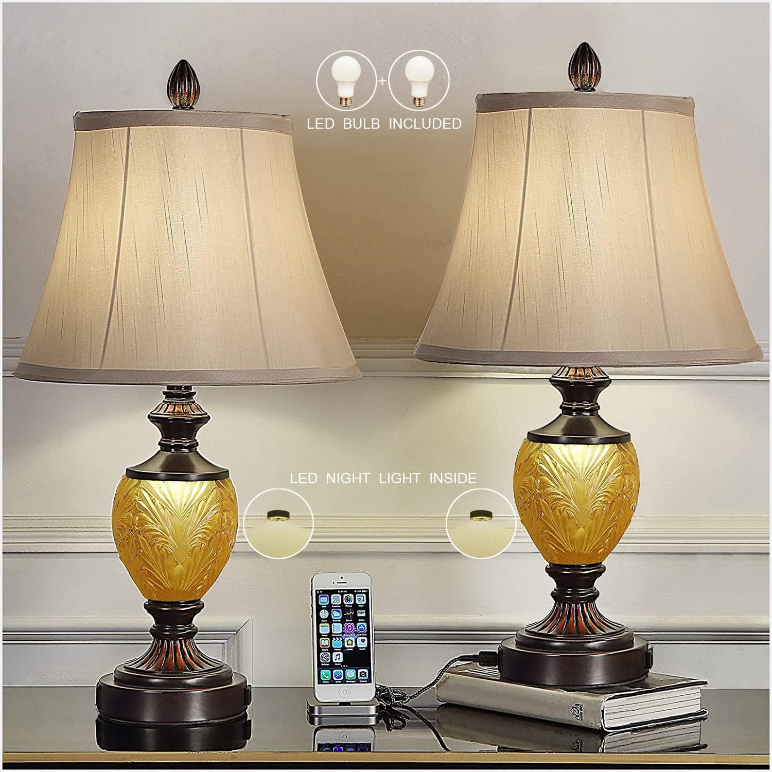 Bedside Table Lamp Set of 2 with Nightlight 2 USB Ports AC Power Outlet Dark Bronze Finish Soft Bell Shade Decor for Bedroom Living Room Reading Houses Home Office - - 