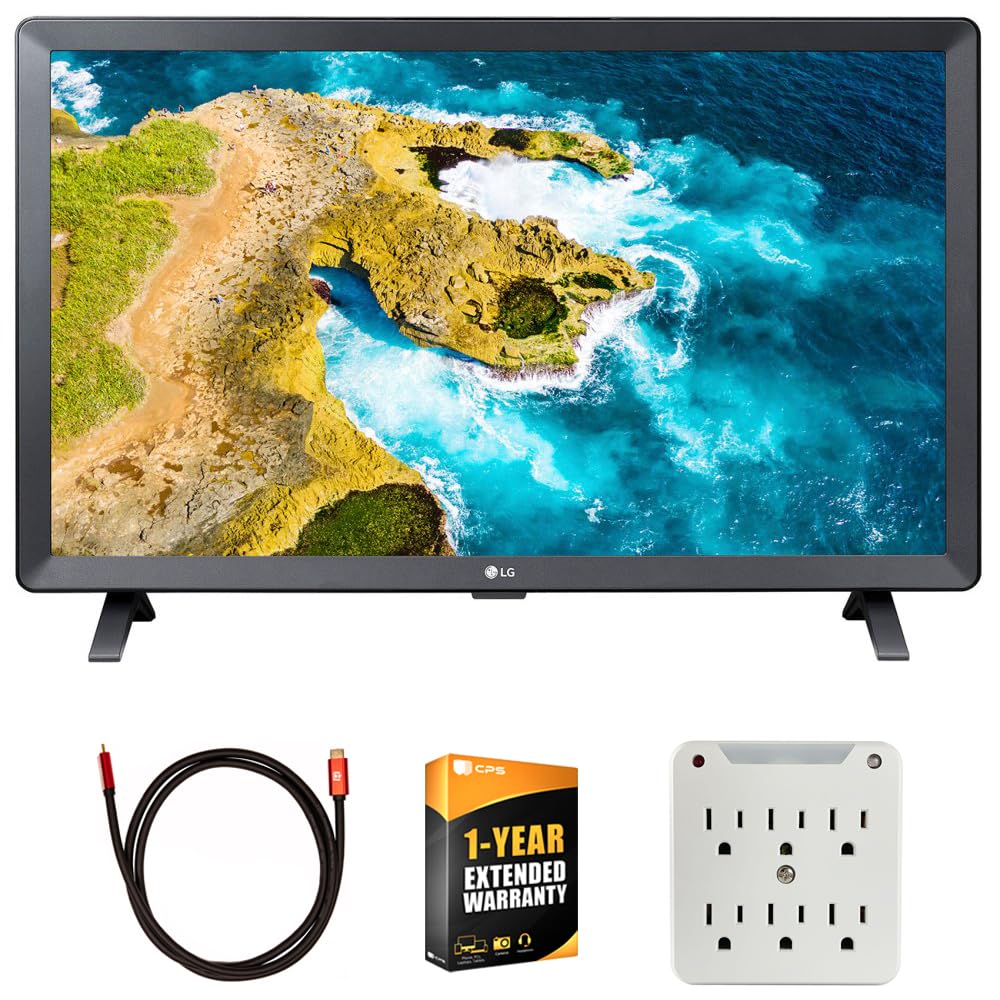 LG 24LQ520S-PU 24 inch Class LED HD Smart TV with webOS Bundle with Deco Gear 6FT 4K HDMI 2.0 Cable, 6-Outlet Surge Adapter with Night Light and 1 YR CPS Enhanced Protection Pack