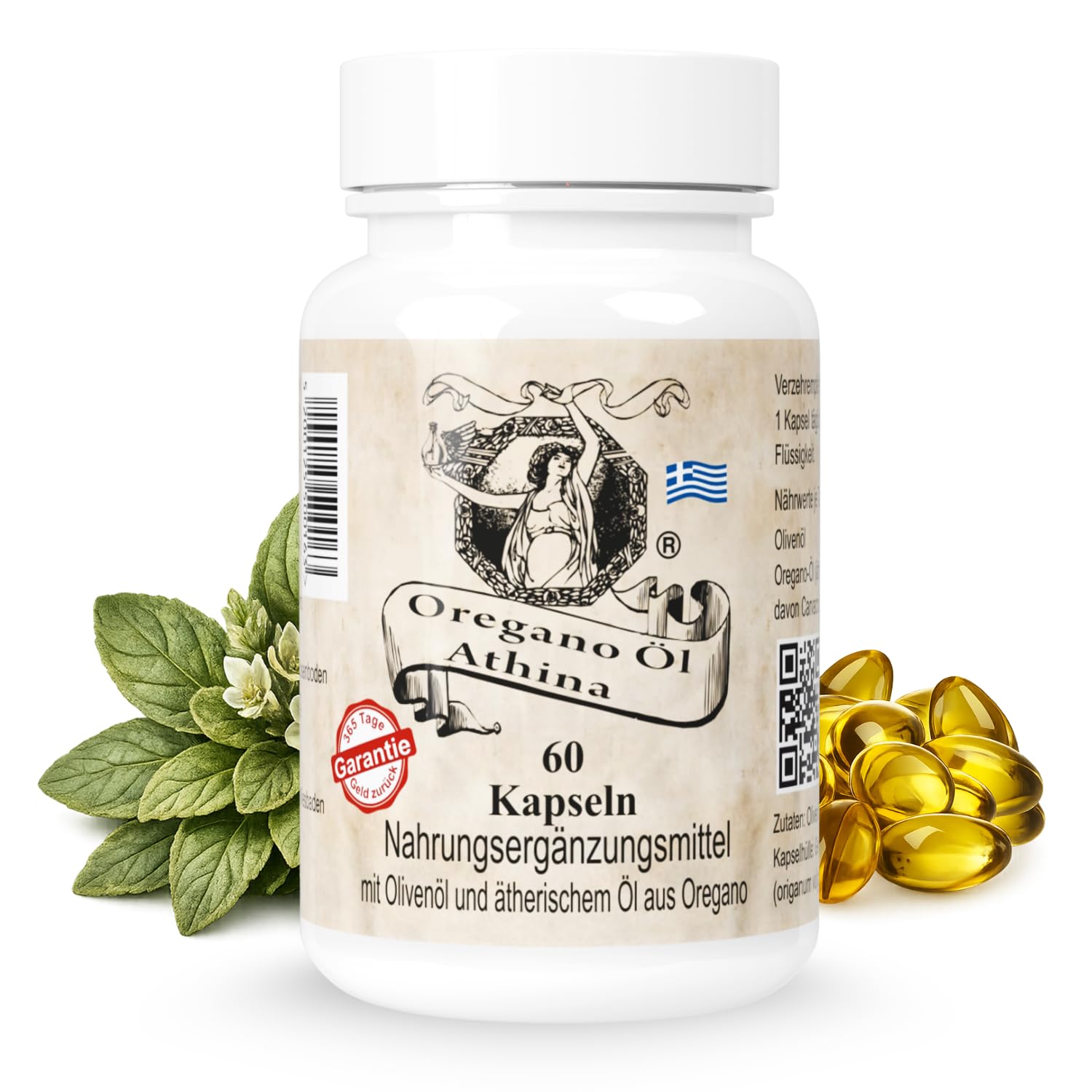 Athina® Oregano Öl 1 x 60 Kapseln I Softgels-Forte 500 mg | 100 mg pro Kapsel & 400 mg natives Olivenöl Extra aus Griechenland | 80% Carvacrol