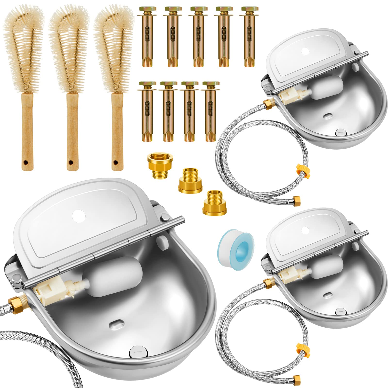 3 Set Automatic Animal Drinking Water Bowl with Float Valve Stainless Steel Drinking Dispenser Kits Includes Water Bowl Hoses Connector Adapter Countersunk Bolt Livestock Water Trough for Dogs Pig