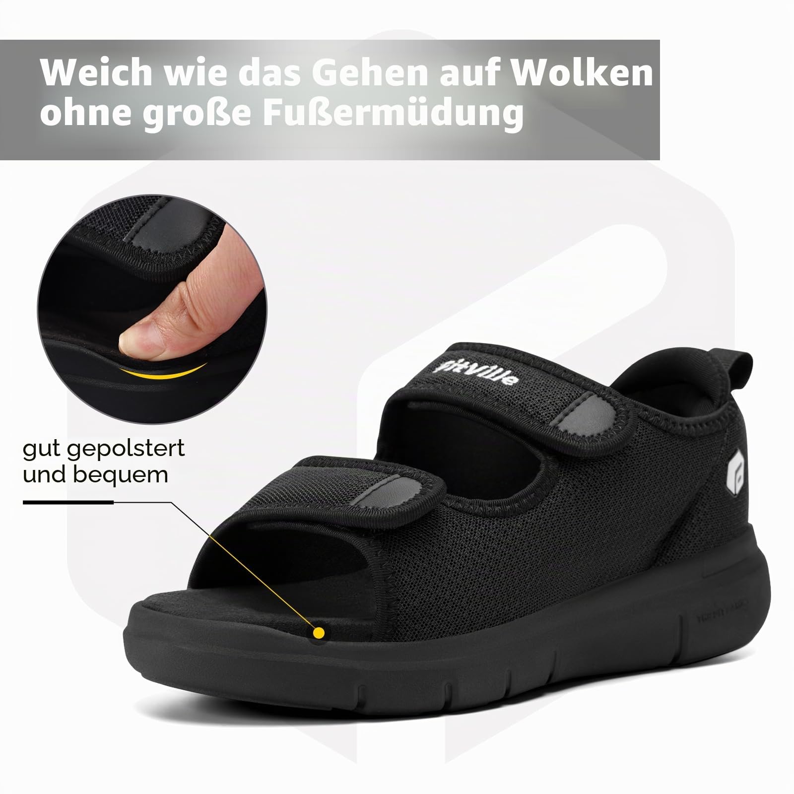 FitVille Weit Offene Diabetiker Sandalen Herren Orthopädische mit Klettverschluss Verstellbare Gesundheitsschuhe Verbandschuhe bei geschwollene Füße Reha-Schuhe Ödeme Hausschuhe