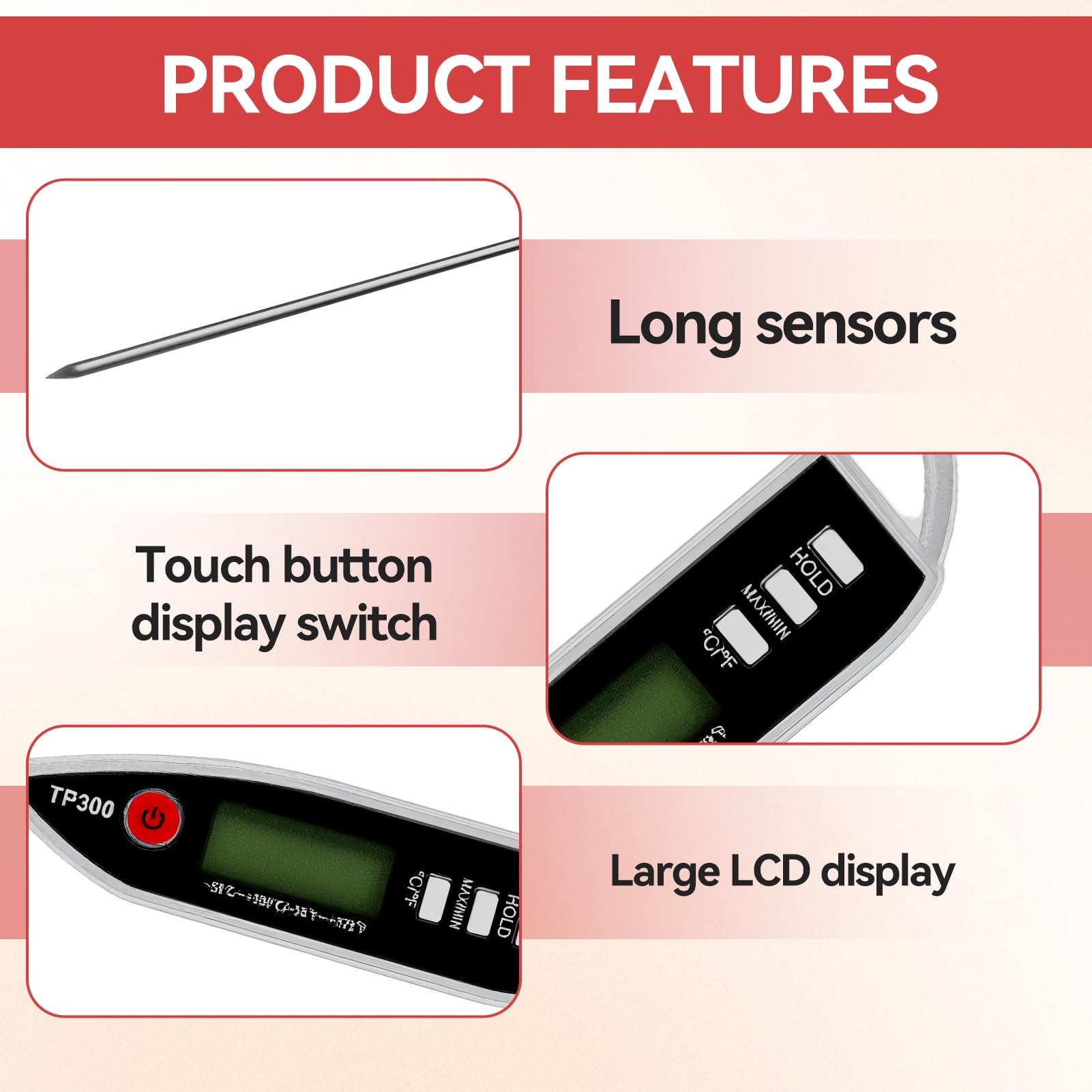 Küchenthermometer, wasserdicht, IPX7, sofortiges Ablesen, mit langer Sonde aus Edelstahl, Digitales Thermometer für Lebensmittel, Fleisch, Flüssigkeit, BBQ, Kerze, Milch, Backen, Umwandlung °C °F