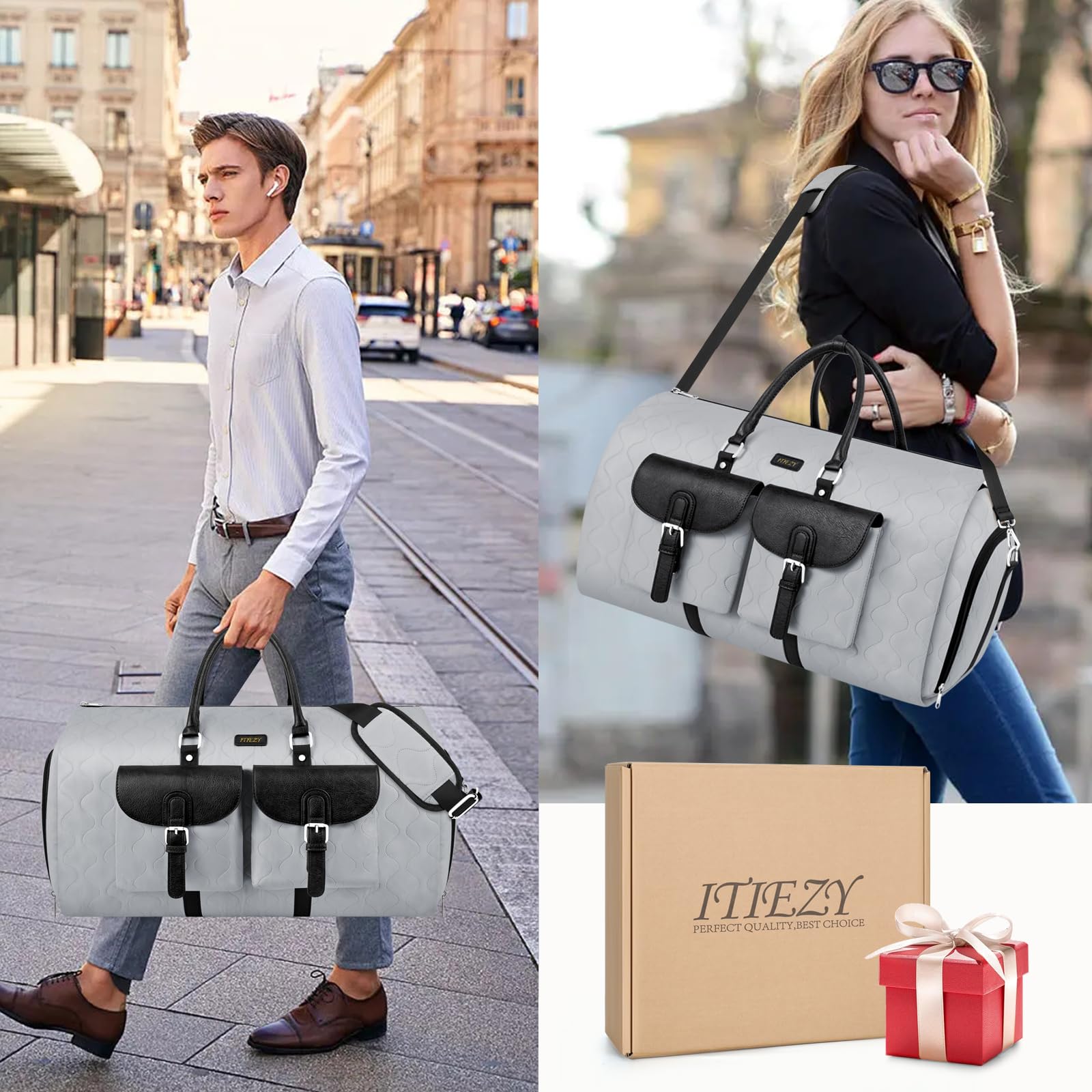 Kleidertasche für Reisen, wandelbare Handgepäcktasche für Damen und Herren, große Wochenendtasche mit Schuhtasche, 2-in-1, zum Aufhängen, Reisetasche, 3-teiliges Set, GRAU