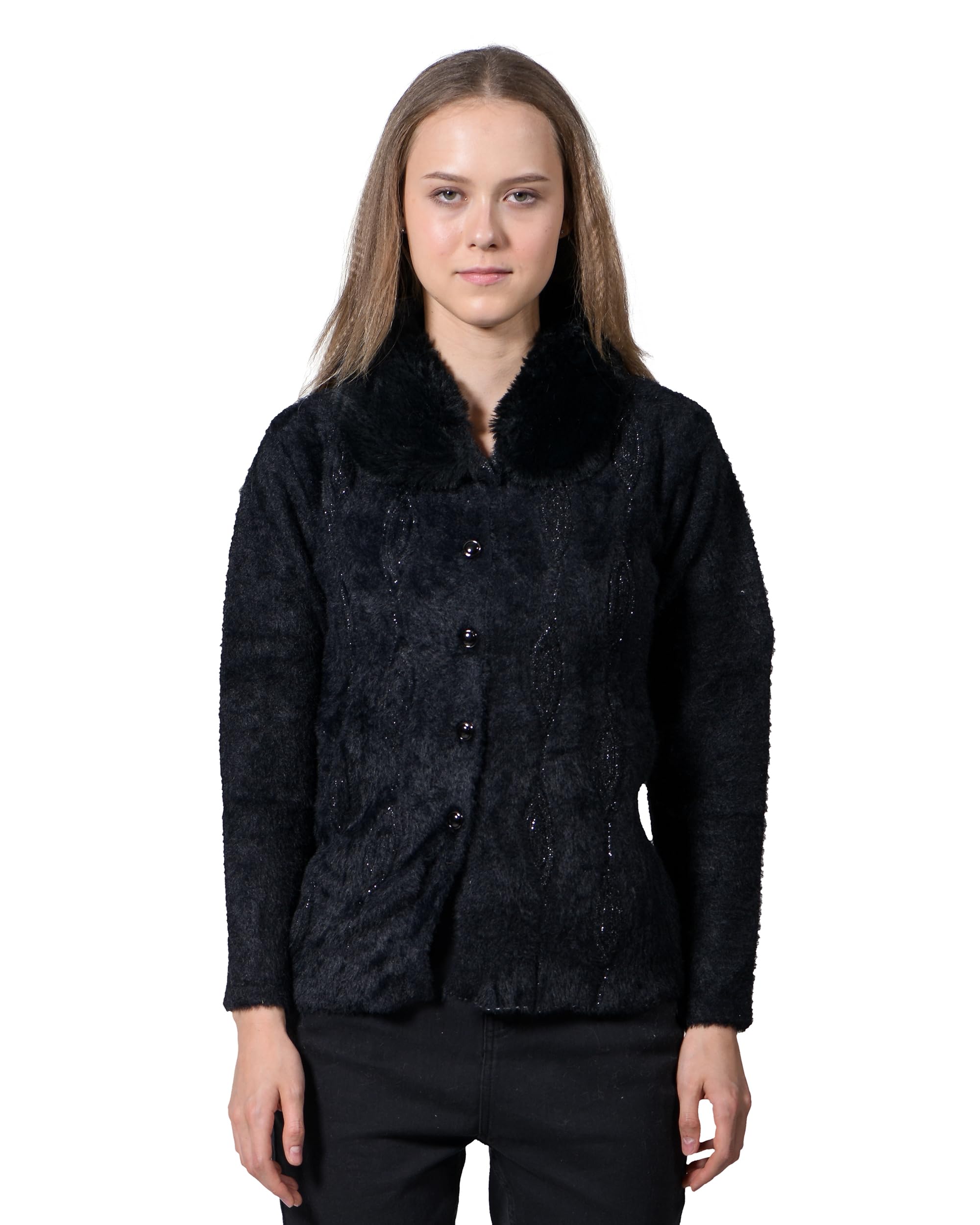 Lady Willington Women Woolen Neck Fur Collar Neck Self Design Heavy Hair Rainbow Cardigans Winter Wear Pure Wool Cardigans Long Cotty Fully Warm Cardigan Free Sizes-image-36