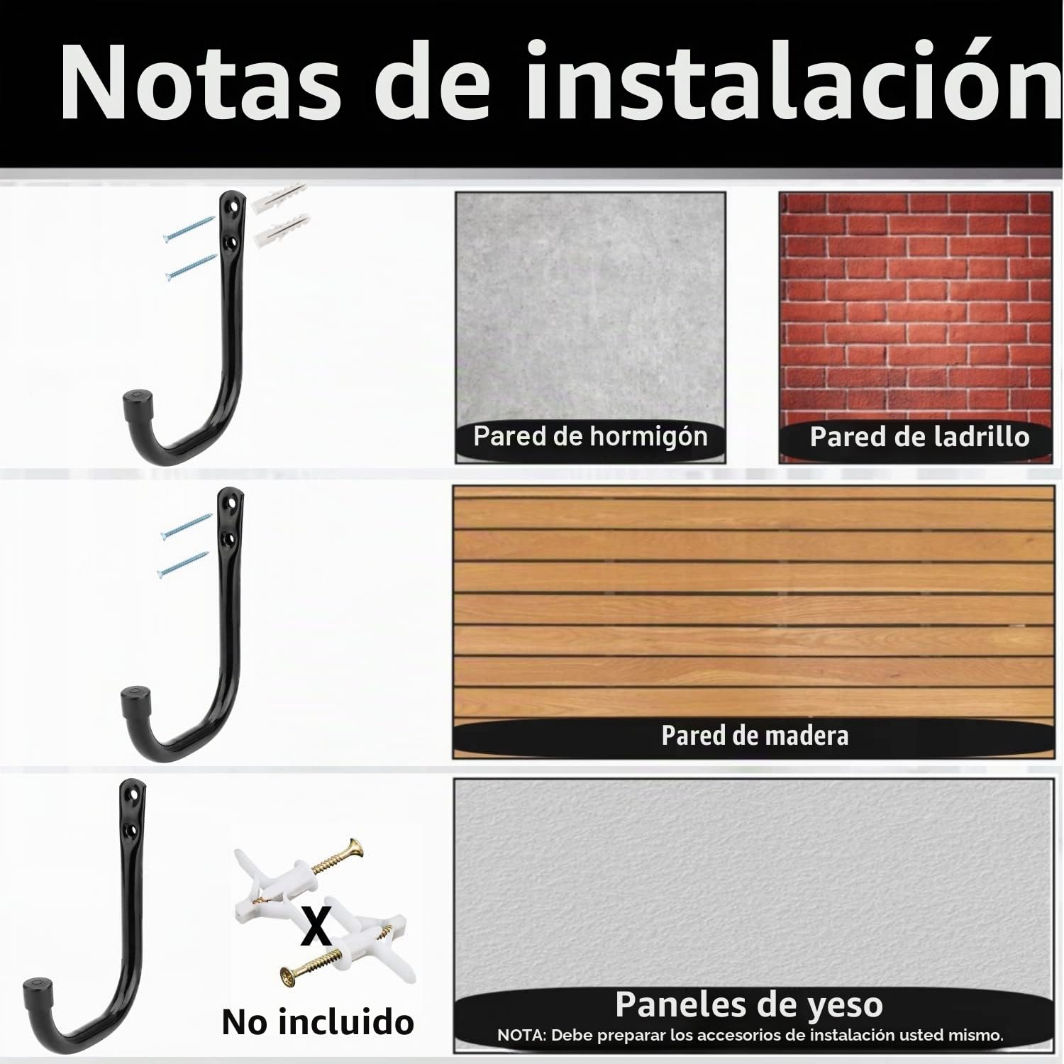 Ganchos de garaje, paquete de 6 ganchos de almacenamiento resistentes, ganchos de herramientas de jardín de 10,5 cm, ganchos de fijación para montaje en pared
