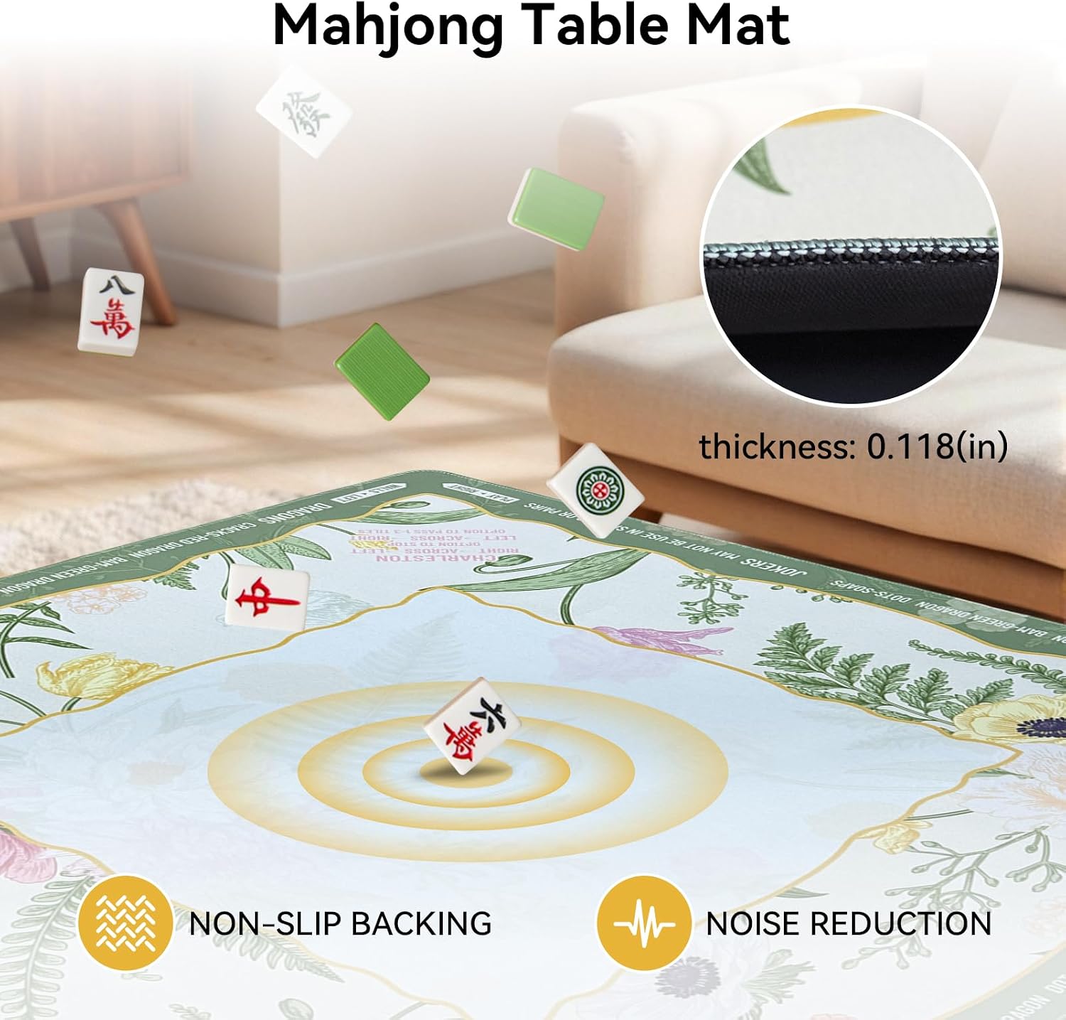 32.4x32.4 Inch Floral Mahjong Mat 3 MM Noise Reduction | Countryside Home Style Non-Slip No Creases with Tropical Plants Carrying Bag for Poker, Card, Board & Tile Games, Dominoes