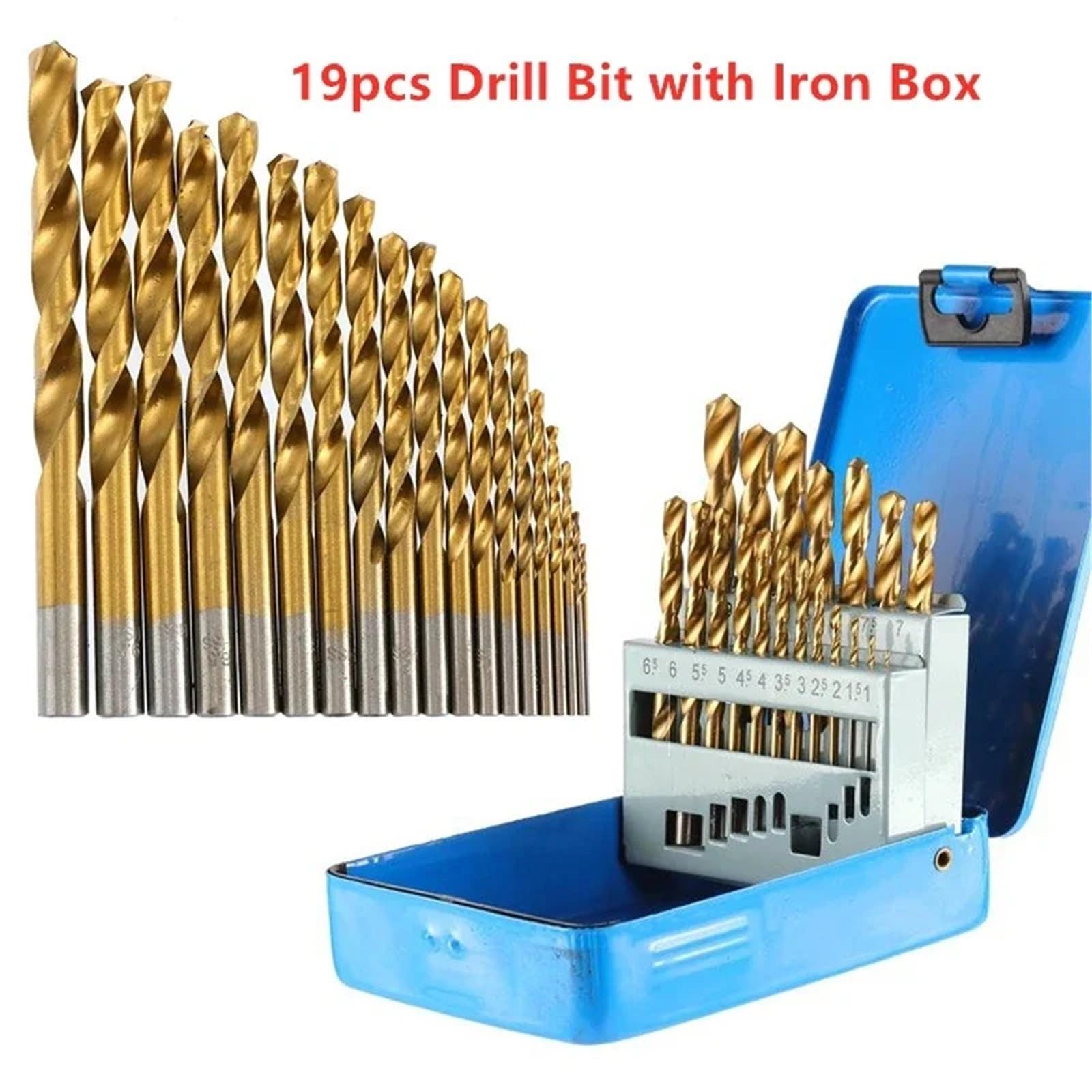 Juego de brocas para taladro rotativo Juego de brocas helicoidales vástago recto 19/25 piezas con caja hierro, for trabajar la madera, metal y chapado en titanio(Style 1 19pcs)