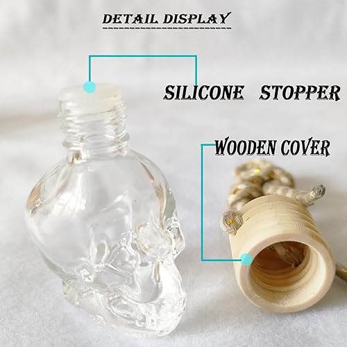 Miniatura 3 de WMugthome 6 botellas líquidas rellenables de cristal de calavera pequeña con tapa de madera colgante, tapón suave y dispensador para mezcla de