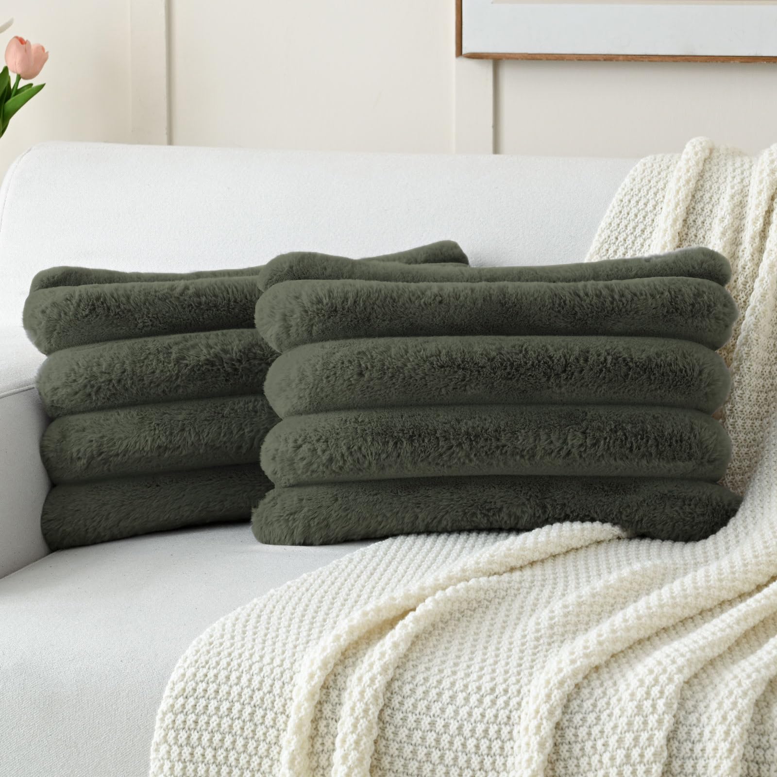 FUTEI Set of 2 Fluffy Faux Rabbit Fur Cushion Covers 30x50 cm,Olive Green — image 1