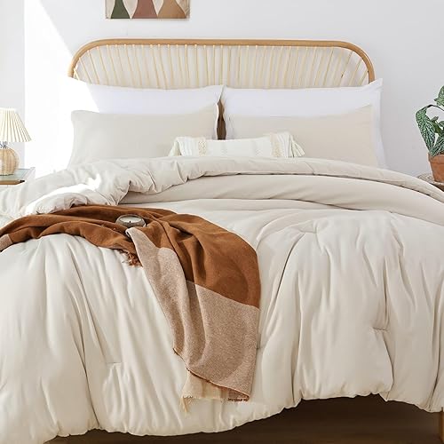 ROSGONIA Juego de edredón beige tamaño Queen, 3 piezas (1 edredón beige bohemio y 2 fundas de almohada), ropa de cama ligera y suave para todas las