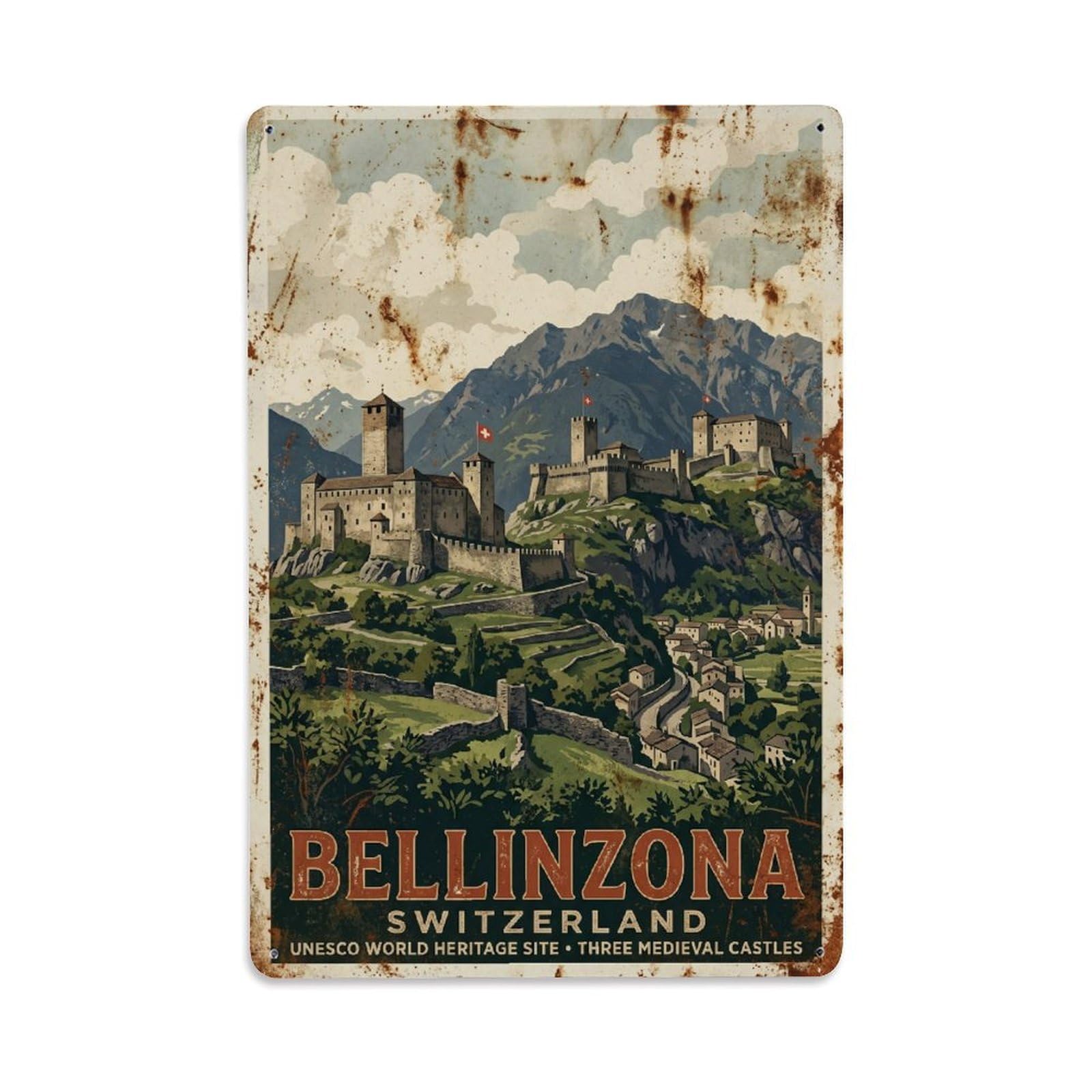 Vintage Travel Bellinzona Switzerland Metal Tin Sign
