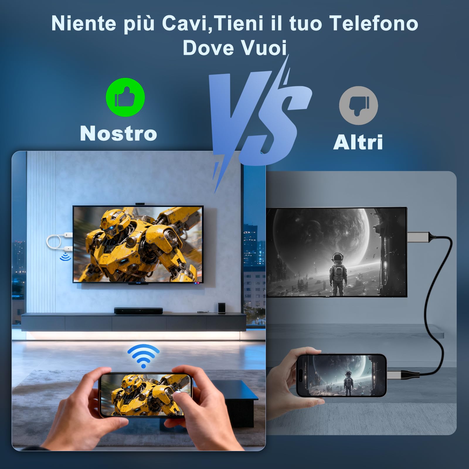 FEINODI Adattatore Wireless HDMI per iPhone, Cavo di Riflessione Wireless per iPhone, i-Pad, Android, Windows su TV/Monitor/Proiettore, Riproduzione di Video/Audio/Files, Supporta Airplay e Miracast
