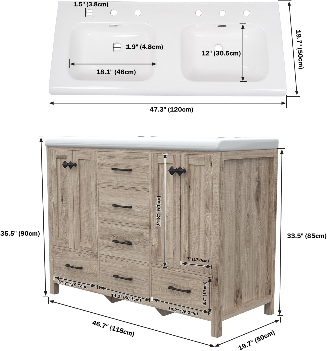 48" Bathroom Vanity with Sink Combo, Modern Bathroom Storage Cabinet with Double Sink Ceramic, 4 Doors and 5 Drawers, Space-Saving Storage Cabinet, Light Gray Wood