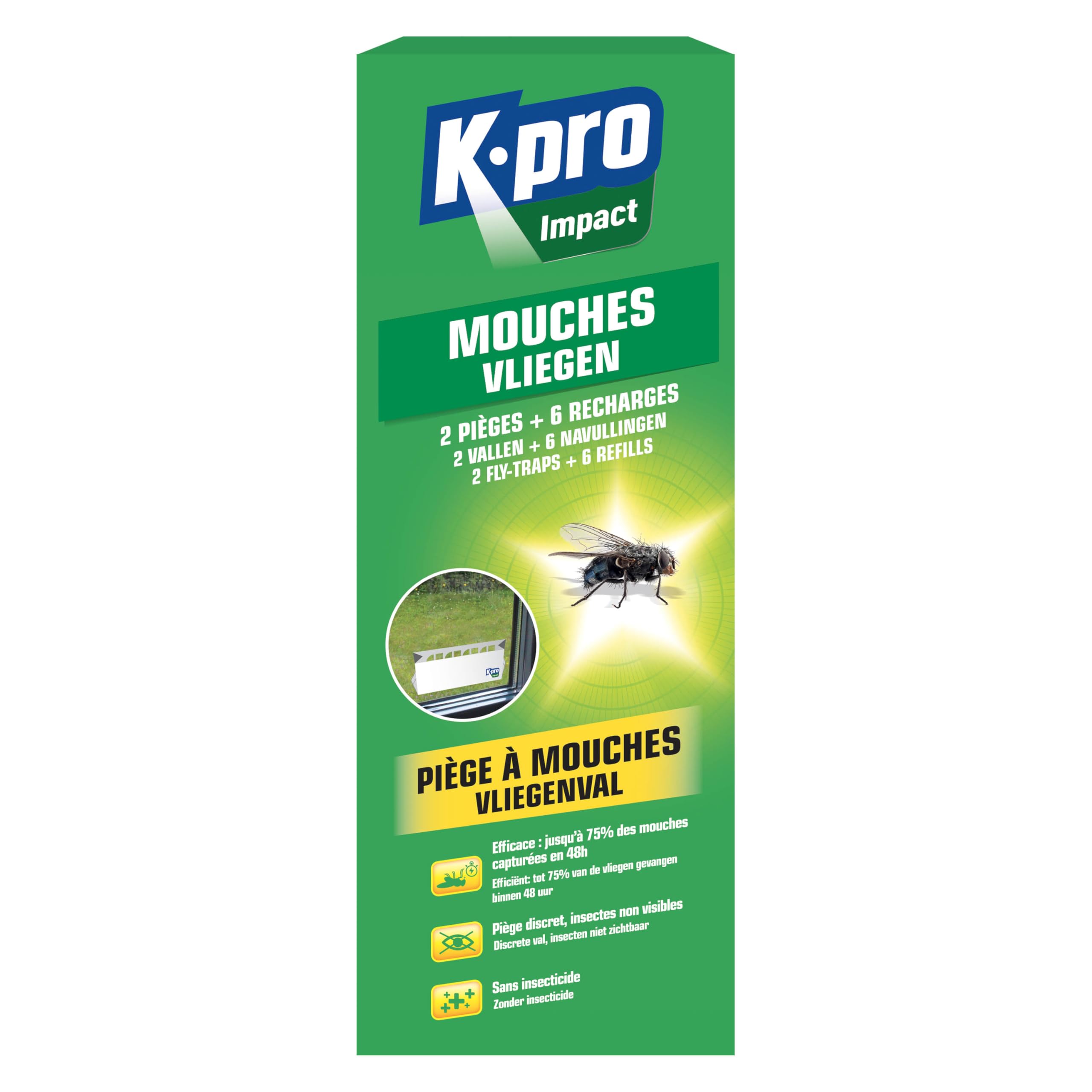 K.​PRO VERT - Pièges à mouches - Efficace : jusqu'à 75% des mouches sont capturées en 48 heures - Pièges discrets - 2 pièges + 6 recharges
