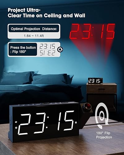 Miniatura 6 de (Azul + Blanco) Reloj despertador de proyección para dormitorio, proyección de reloj digital LED en pared de techo con carga de teléfono USB,